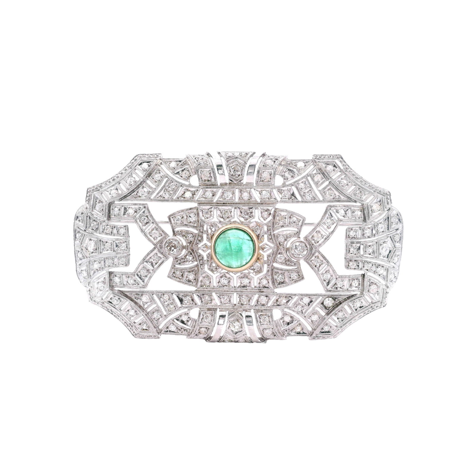 Art Deco filigree Platinum Brooch with 5.30 CTW in Diamonds and Emerald (1 of 6)