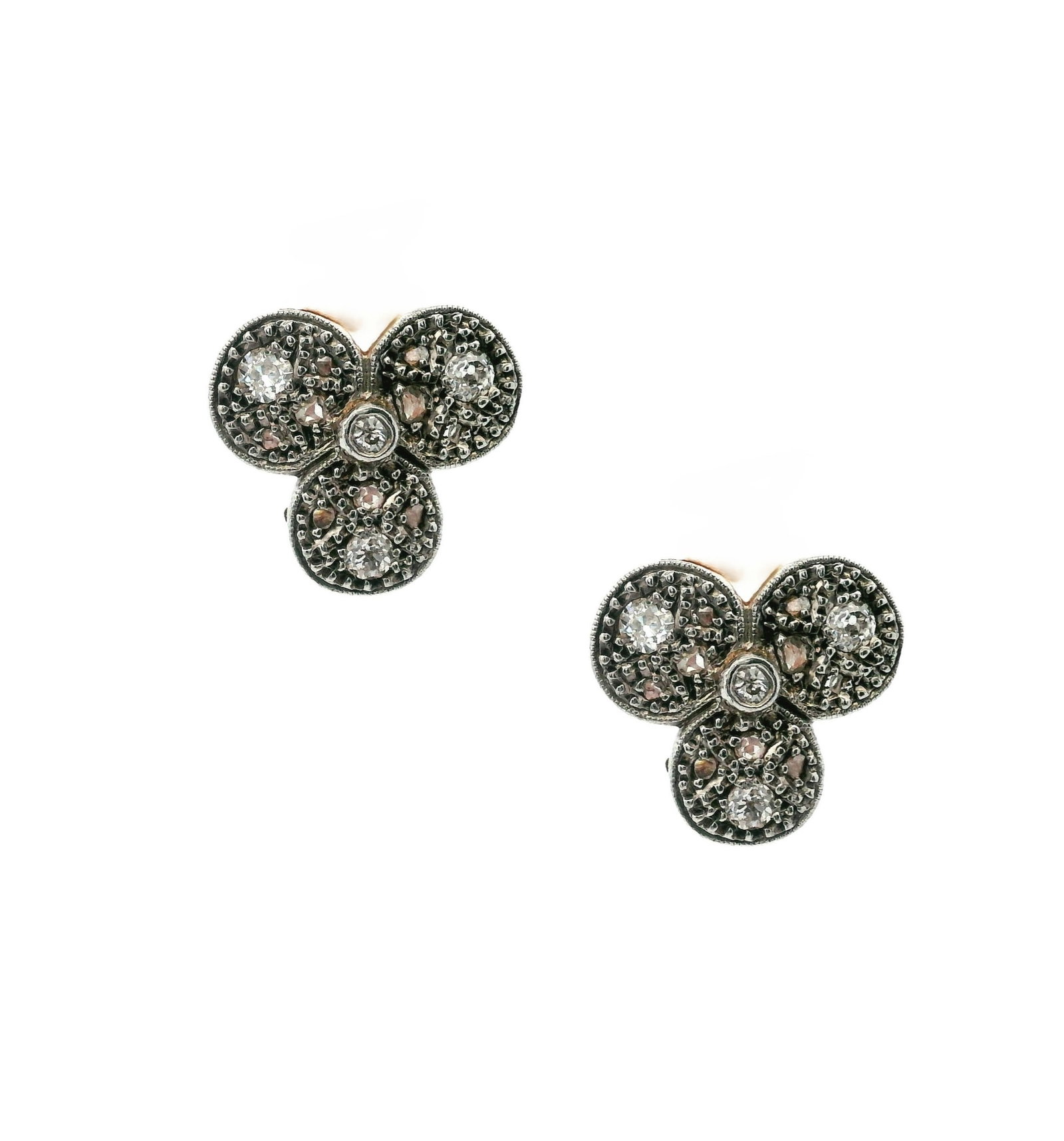 Antique 18kt yellow Gold & Platinum Earrings with Diamonds: Pair of antique Earrings crafted from 18kt yellow Gold and Platinum on top. Accenter with Old mine cut Diamonds weighing together Approx. 0.50 carats. H-J color, SI clarity. Measurements: 0.60 x 0.60 