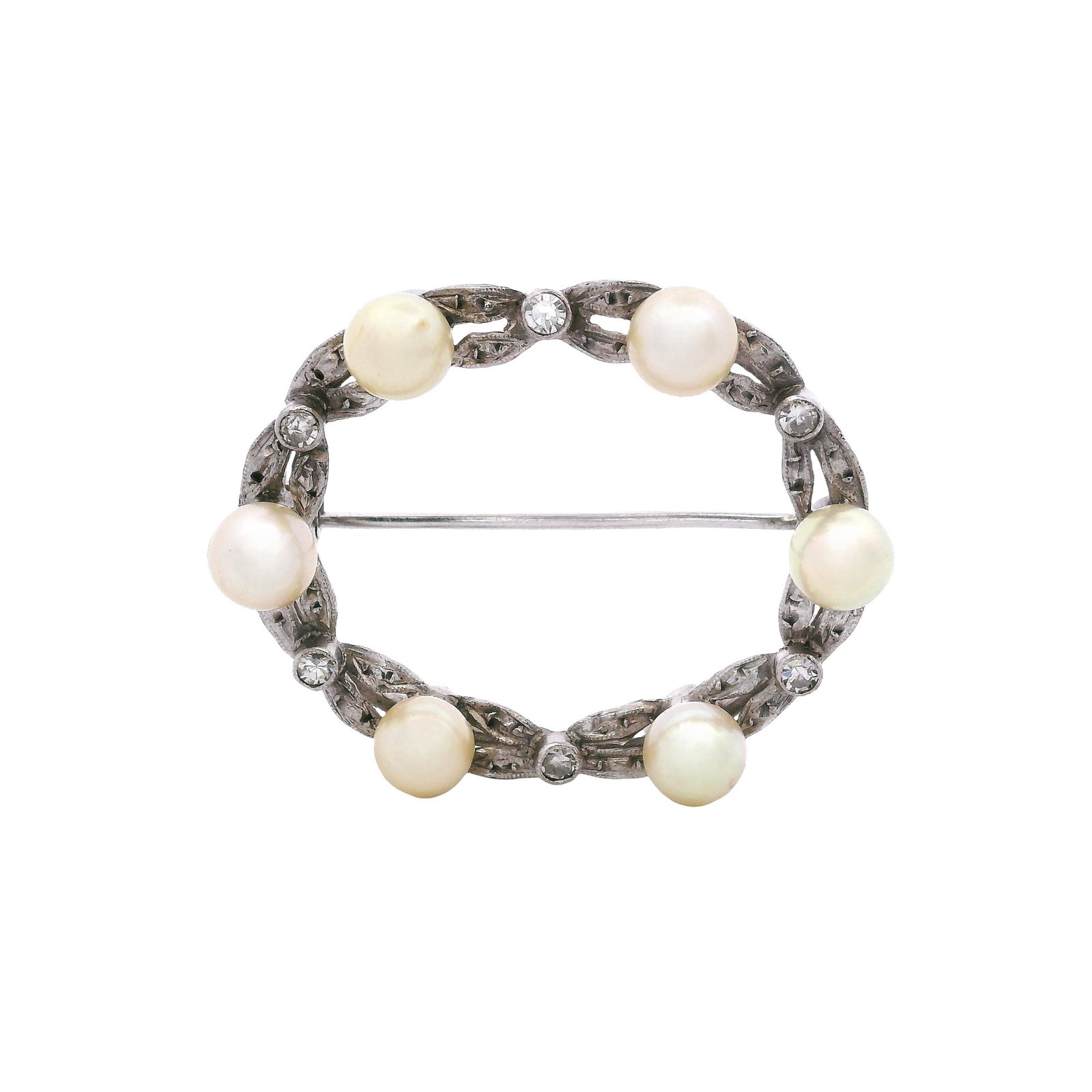 Art Nouveau 14kt white Gold Pin Brooch with Pearls & Diamonds: Art Nouveau Pin Brooch crafted form 14kt white Gold accenter with six Round pearls of 5.10 mm diameter. Accenter with Rose cut Diamonds weighing Approx. 0.10 carats. measurements: 1.3 x 1.0 inches. To