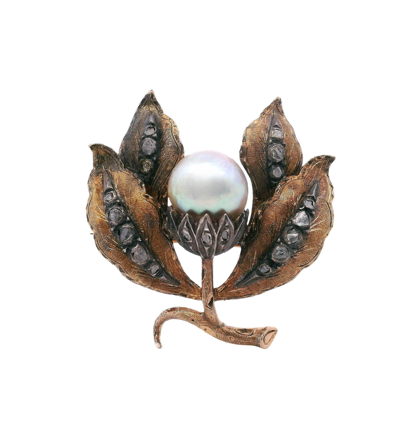Antique 18kt yellow Gold & Platinum with Natural Pearl & Diamonds: Antique Flower Brooch crafted form 18kt yellow Gold and Platinum, featuring a Natural Pearl of 9.50 mm diameter. Accenter with Rose cut Diamonds. Total weight: 8.0 grams. Measurements: 1.25 x 1.20 inc