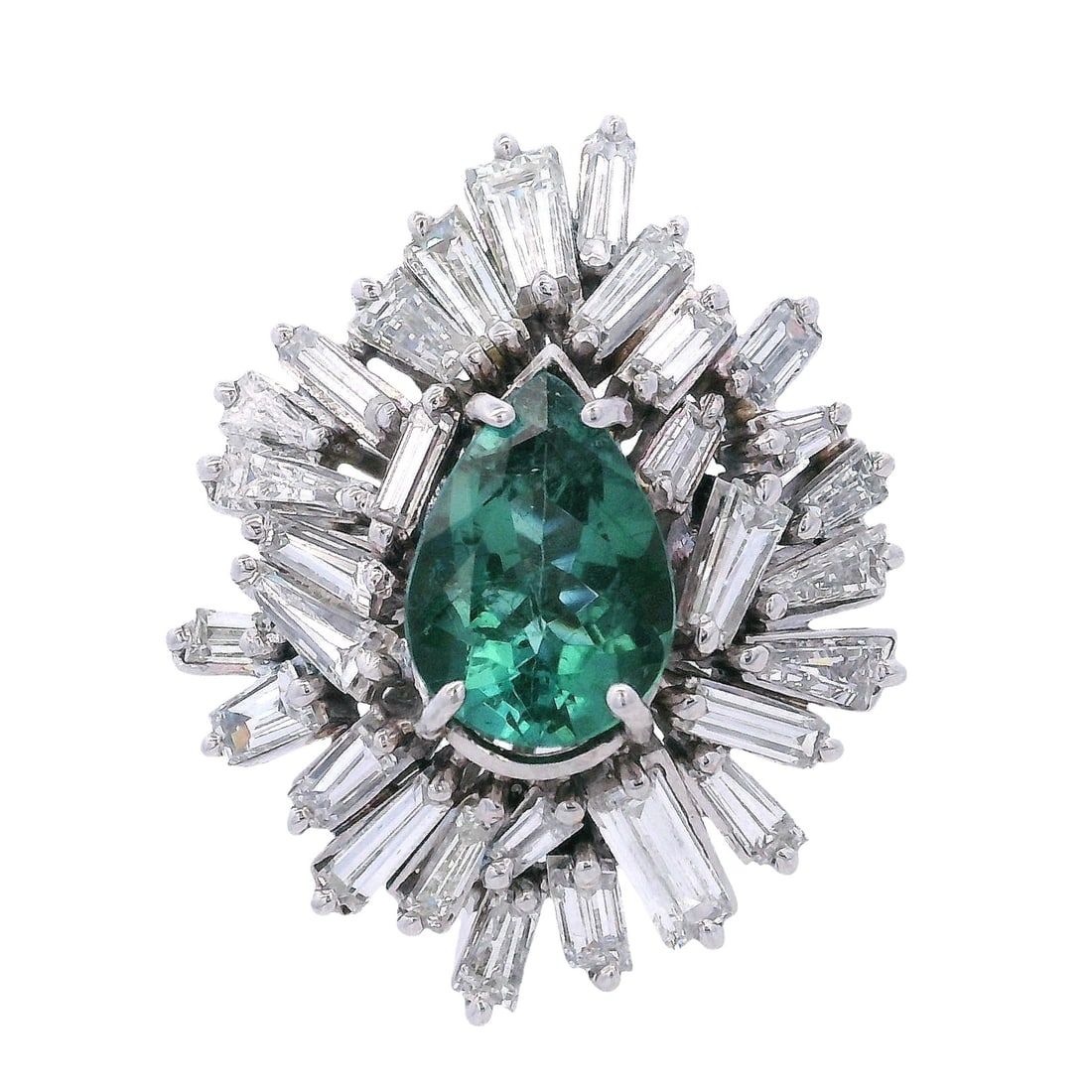 Platinum Cocktail Ring with Green Tourmaline & Diamonds: Cocktail Ring crafted form Platinum, featuring a center Pear shaped Green Tourmaline of Approx. 2.35 carats. Surrounded by 30 Tapered Baguette cut Diamonds weighing together Approx. 3.80 carats. J-K c