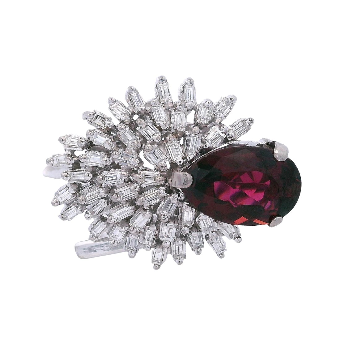 Platinum Cocktail Ring with Red Tourmaline & Diamonds: Cocktail Ring crafted form Platinum, featuring a center Pear shaped Green Tourmaline of Approx. 3.00 carats. Accenter with Baguette cut Diamonds weighing together Approx. 2.25 carats. H color, VS2 cla