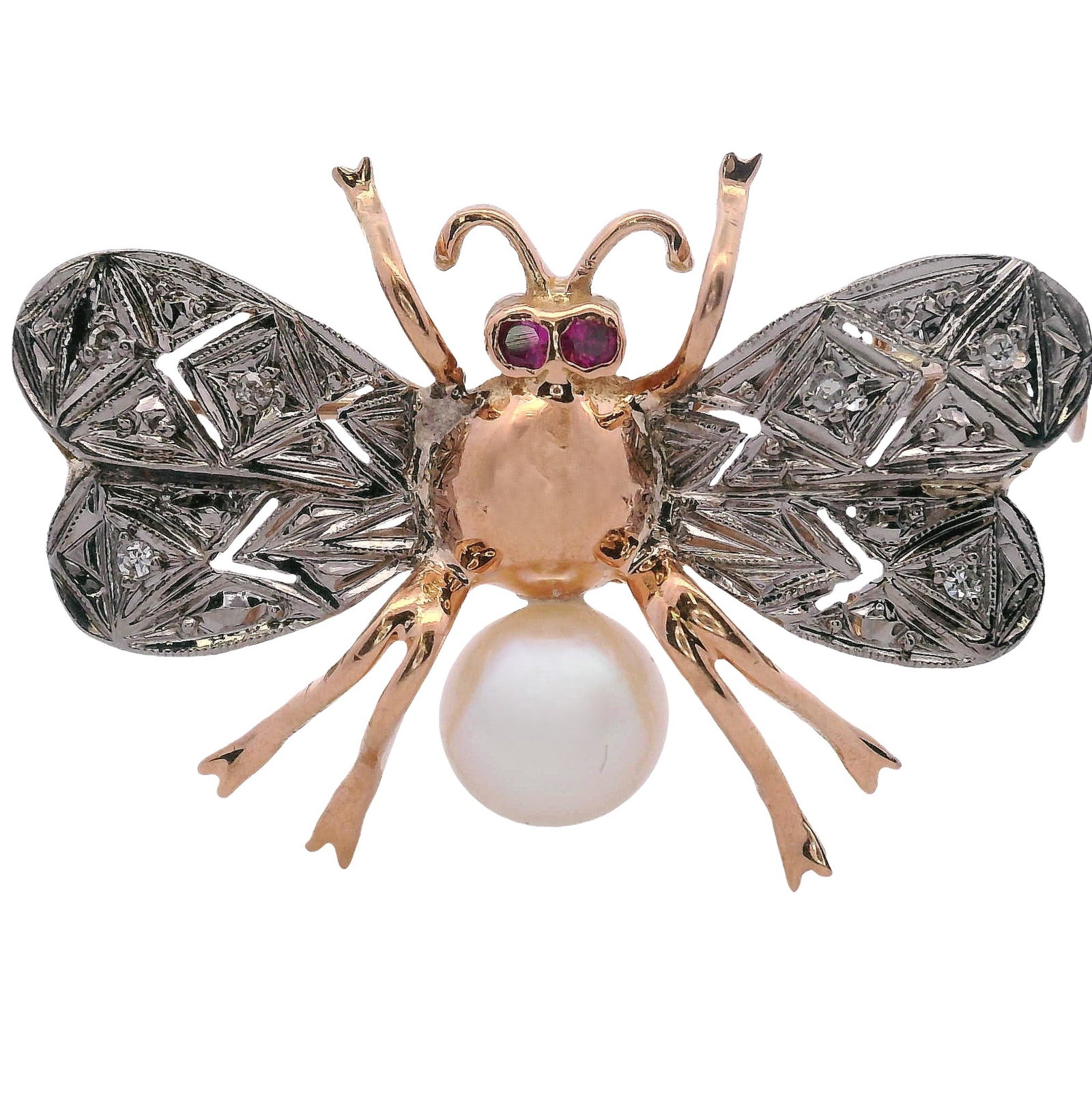 18kt yellow Gold & Platinum Vintage Bee Brooch with Diamonds, Pearl & Rubies (1 of 2)