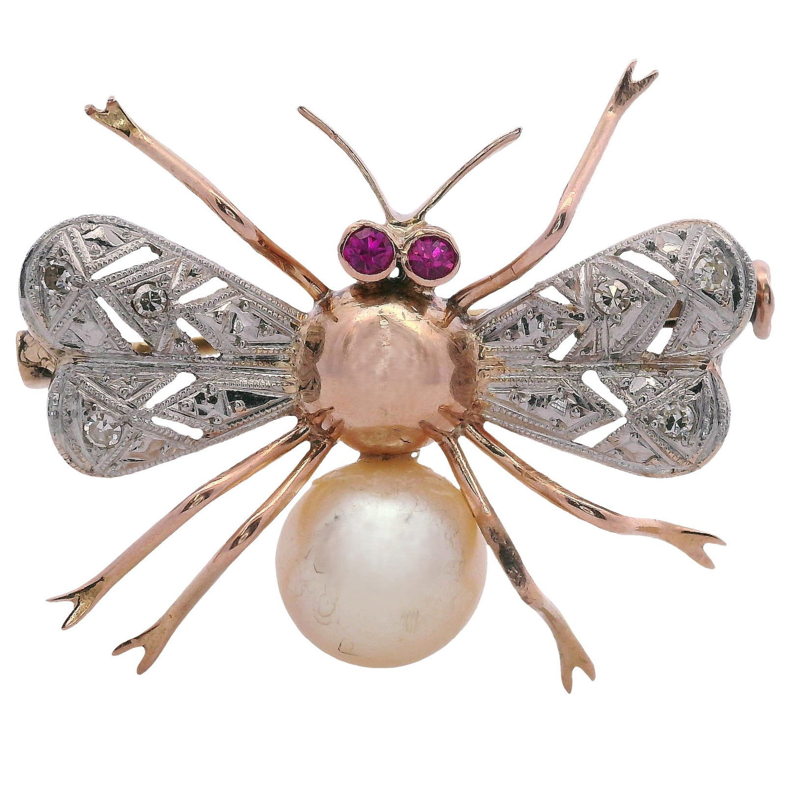 18kt yellow Gold & Platinum Vintage Bee Brooch with Diamonds, Pearl & Rubies: Vintage Bee Brooch crafted form 18kt yellow Gold & Platinum, accenter with Rose cut Diamonds on the Wings, two Round cut Rubies for the eyes and a Round cream Pearl about 8.50 mm diameter. Measurement