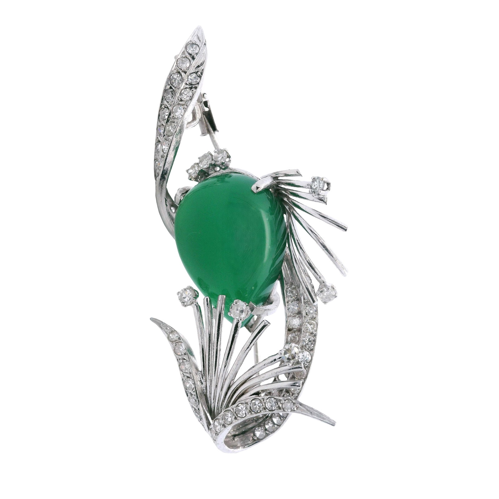 Retro Platinum Brooch with Chrysoprase & Diamonds: Retro Platinum Brooch featuring a center cabochon Chrysoprase of Approx. 15-20 carats. Accenter with Single cut Diamonds weighing Approx. 200 carats. G-H color, VS clarity. Measurements: 2.2 x 1.0 inc