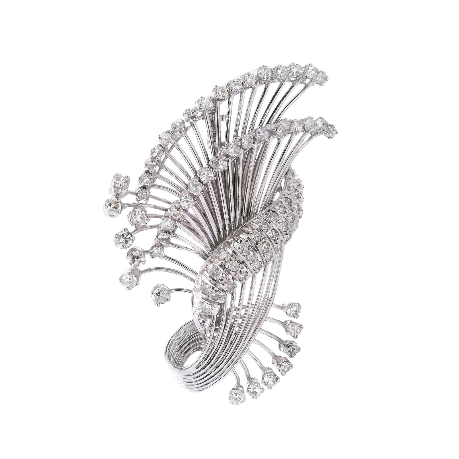 Platinum Art Deco Brooch with 3.00 Cts in Diamonds: Circa 1930s. Art Deco Brooch crafted in Platinum accenter with 66 Single cut Diamonds weighing Approx. 3.00 carats. G-H color, VS clarity. Measurements: 2.12 x 1.45 inches. Total weight: 19.60 grams.