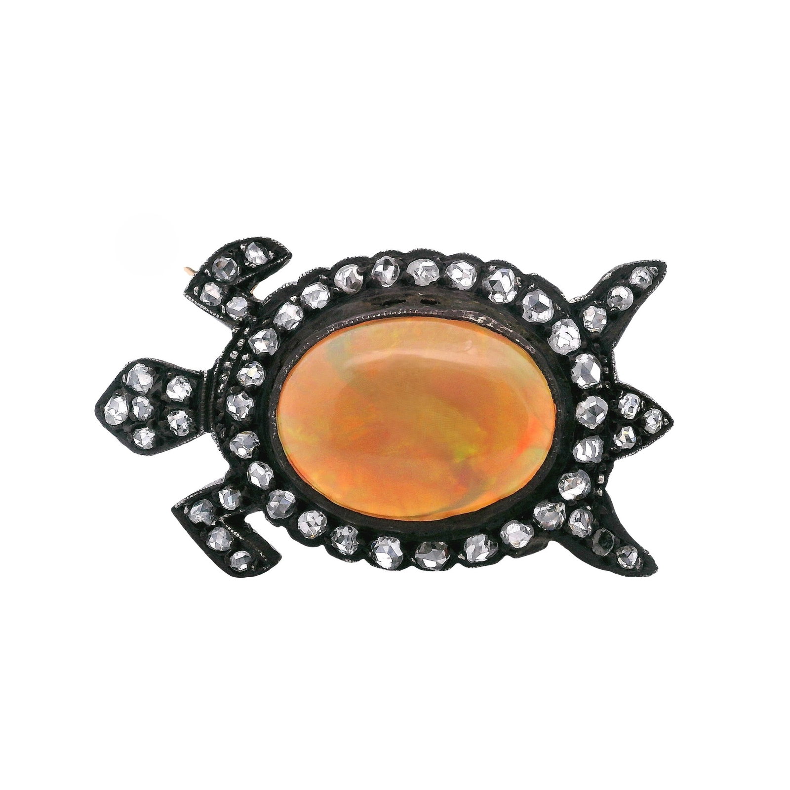 Antique 14kt Gold and Silver Turtle Brooch with Diamonds and Opal: Antique Turtle Brooch crafted in 14kt yellow Gold and Silver on top, set with a center cabochon Opal weighing Approx. 8.30 carats. Surrounded by 50 Rose cut Diamonds weighing together Approx. 1.50 car