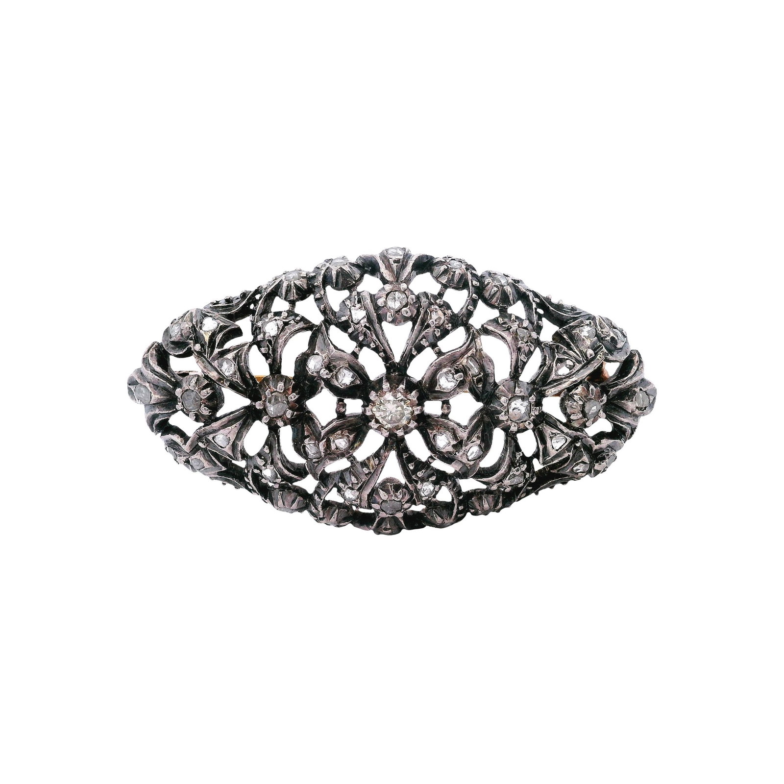 Antique Plaque Brooch in 14kt Gold and Silver with Diamonds: Antique plaque Brooch crafted in 14kt yellow Gold and Silver on top, set with a center Old mine Diamond Approx. 0.15 carats. J color, SI clarity. Along with 44 Rose cut Diamonds. Total weight: 11.4 gr