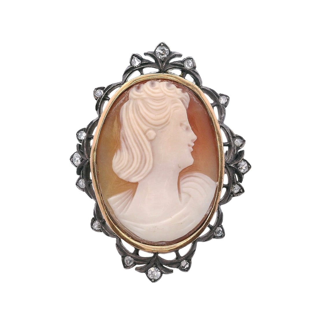 Art Nouveau 18kt yellow Gold & Silver shell Cameo Brooch with Diamonds (1 of 2)