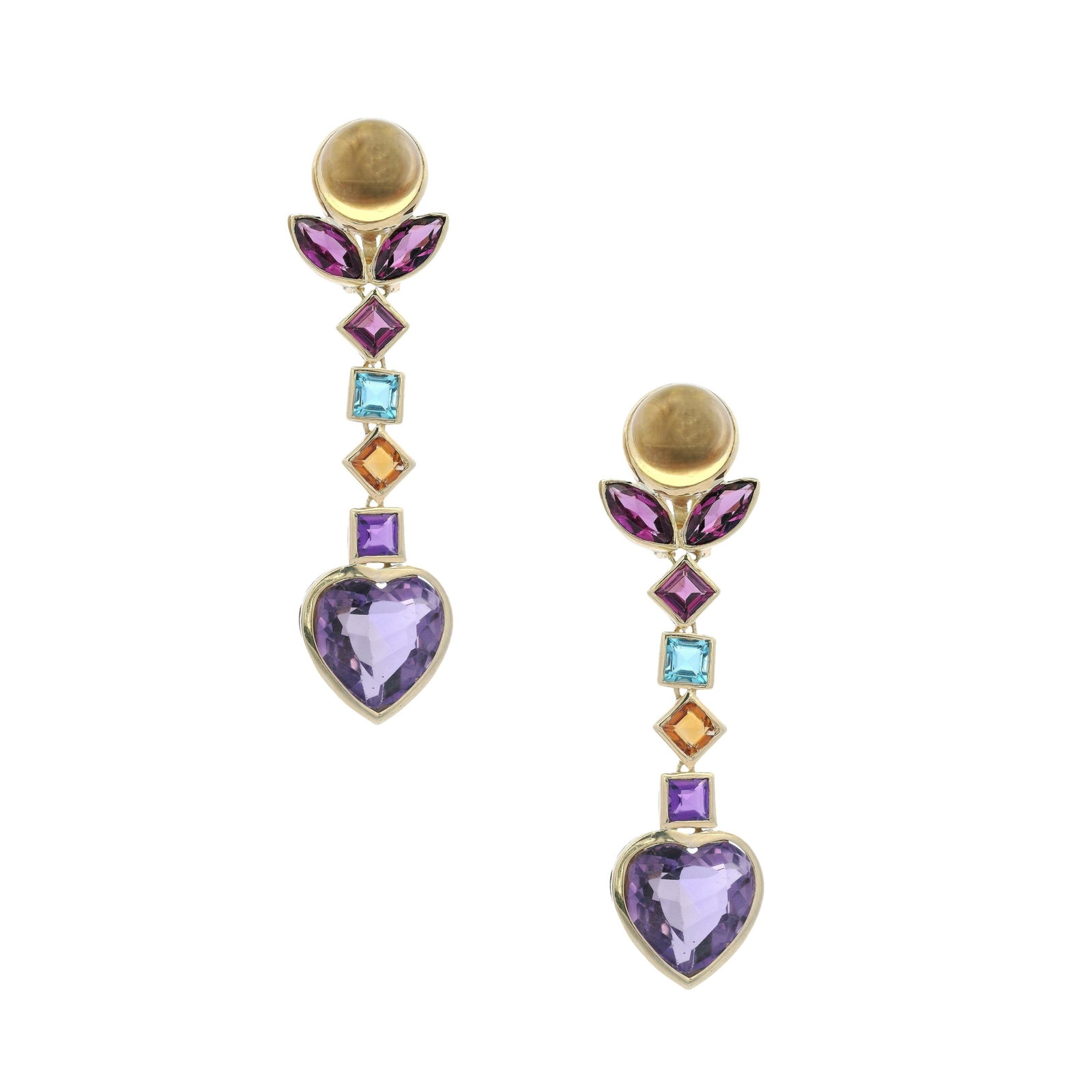 18kt yellow Gold Earrings with Multicolor Stones: 18K yellow gold drop earrings set with a lively mix of multicolor gemstones—heart-shaped, square-cut, marquise, and cabochon stones including amethyst, citrine, blue topaz, and pink tourmaline. Meas