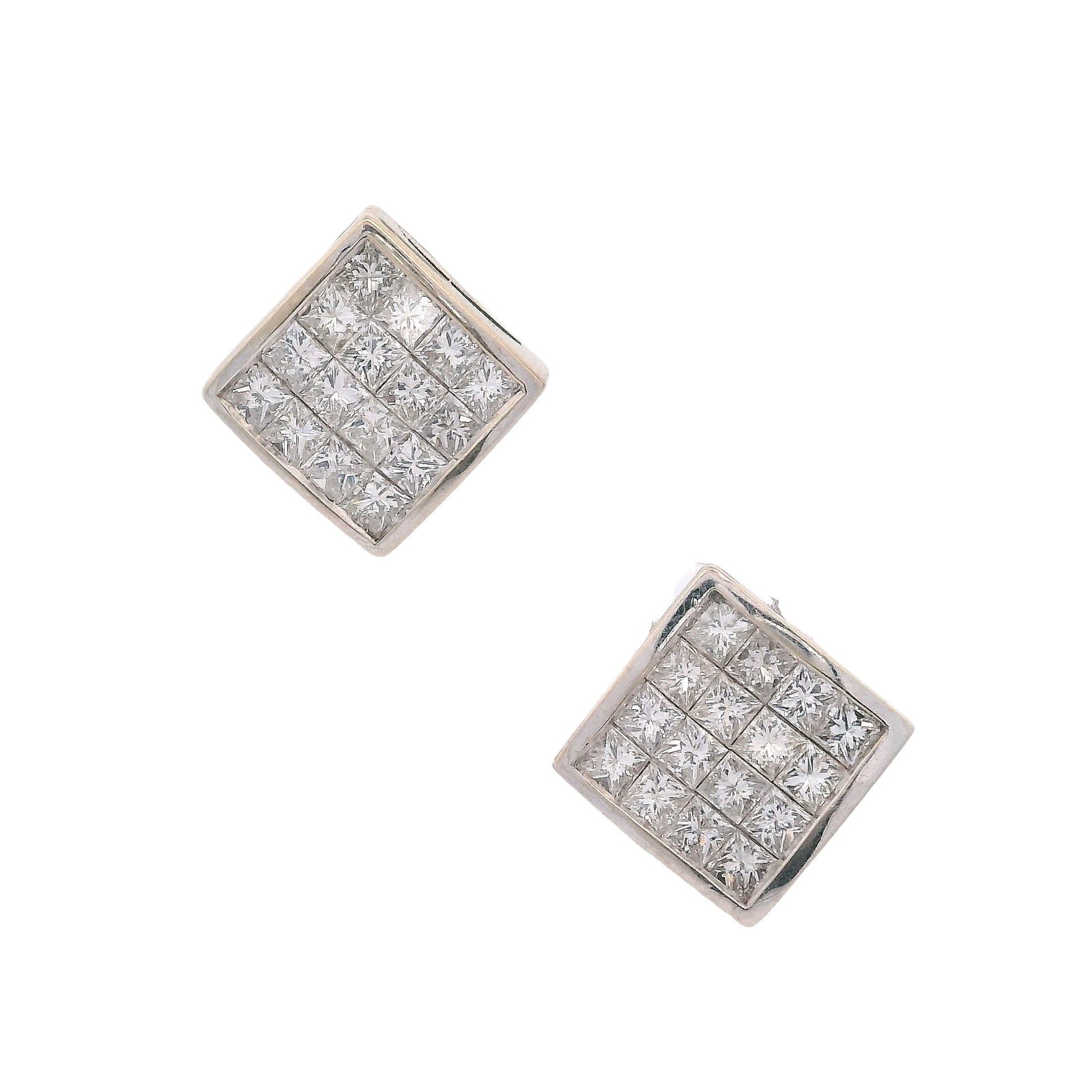 18K White Gold Earrings with 2.00 CTW in Diamonds: Clean, modern, and brilliantly executed, these 18K white gold earrings feature an elegant invisible-set mosaic of 32 princess-cut diamonds totaling approximately 2.00 carats (H–I color, VS2 clar