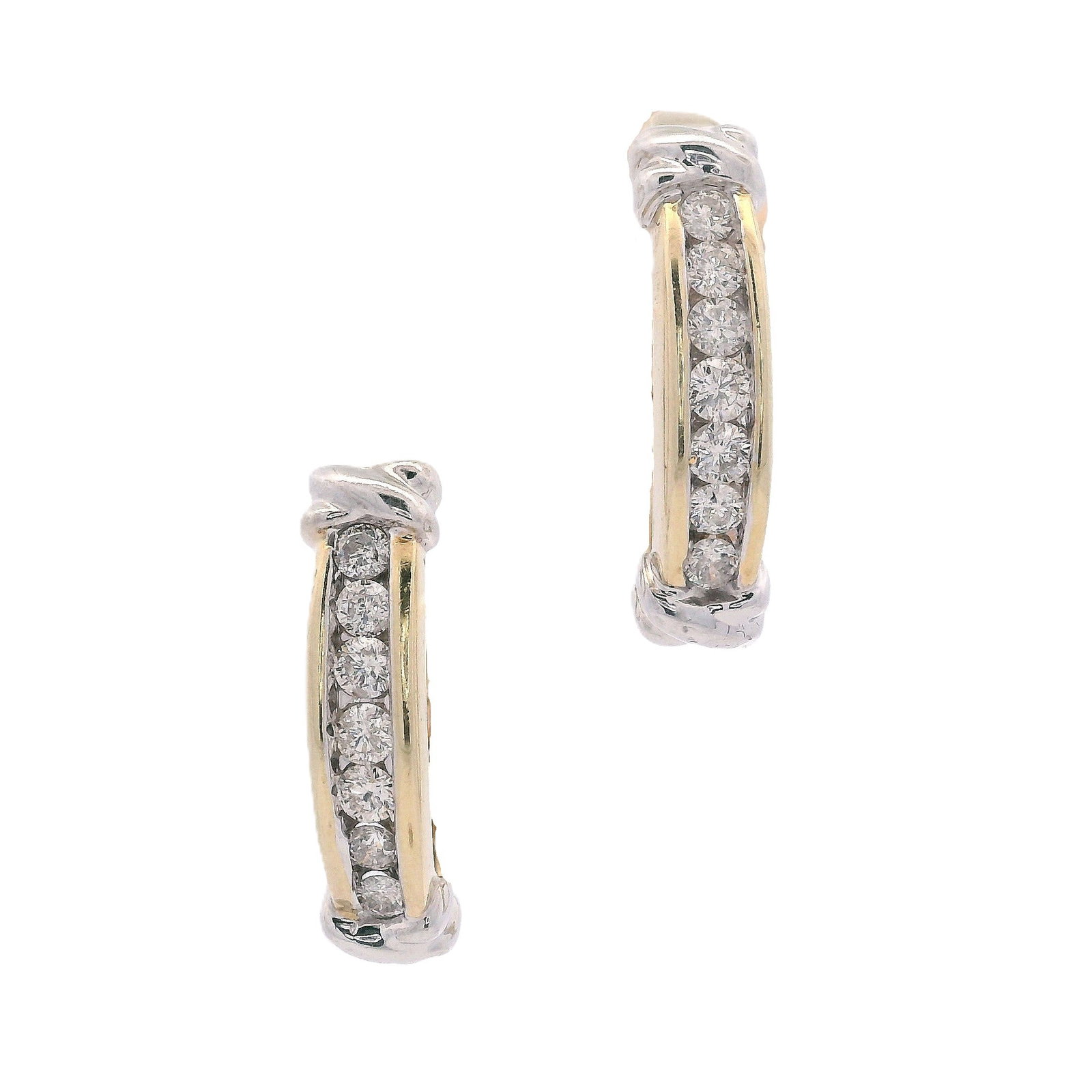 14K Yellow & White Gold Earrings with 0.70 CTW in Diamonds: Elegant with a touch of contrast, these 14K yellow and white gold earrings are set with 14 round-cut diamonds totaling approximately 0.70 carats (H color, VS2 clarity) for bright, refined sparkle. Mea