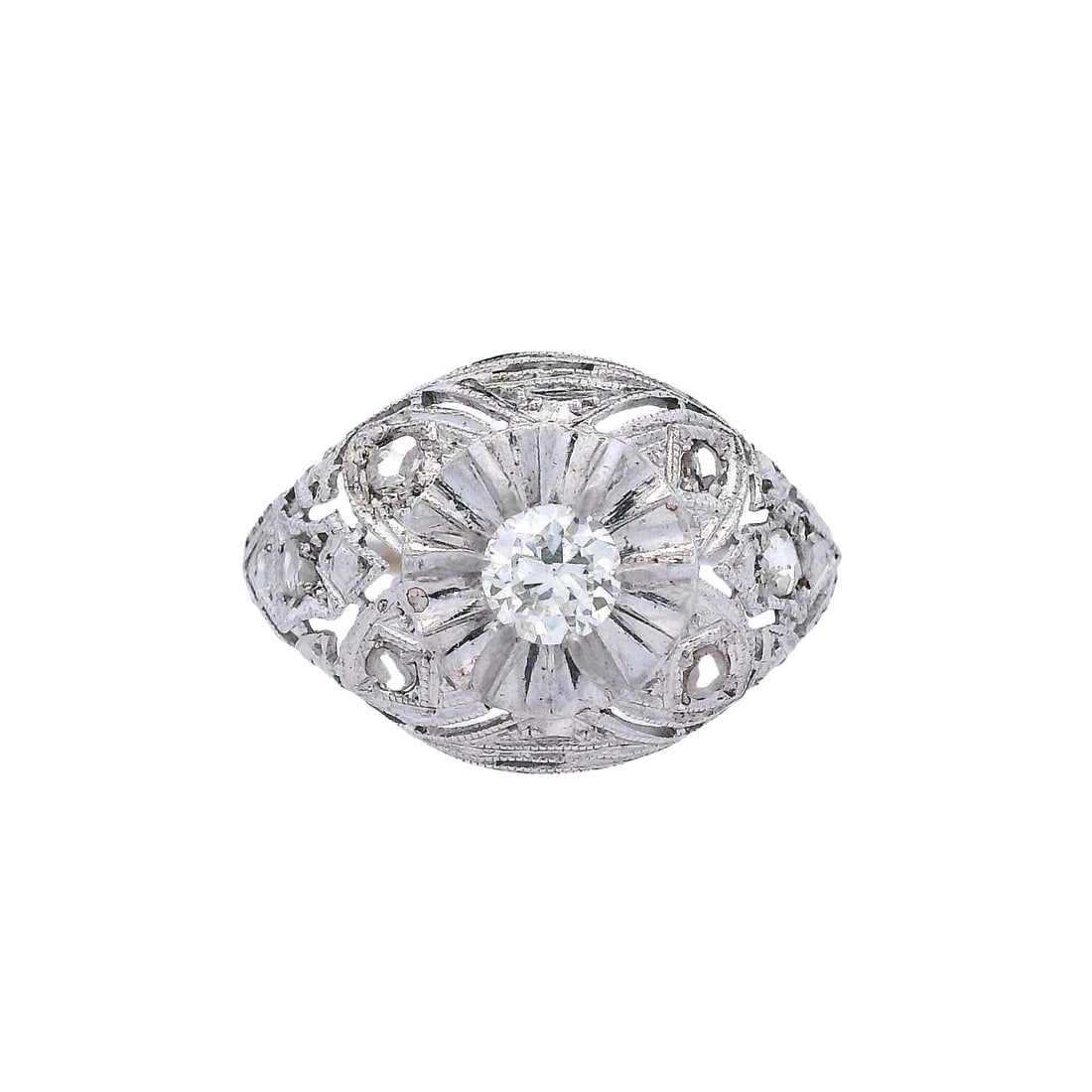 Title: Art Deco Platinum Ring with 0.30 CTW in Diamond: Art Deco platinum filigree ring set with a round-cut diamond weighing approximately 0.30 carats (H–J color, SI2 clarity), accented by rose-cut diamonds that enhance the period look and delicate 