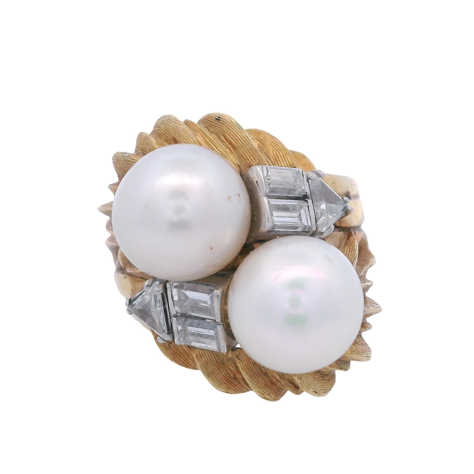Retro 18K Yellow Gold & Platinum Ring with 0.70 CTW in Diamond & Pearl: Bold Retro glamour meets crisp diamond geometry in this striking 18K yellow gold and platinum ring, centered with two round white pearls measuring approximately 9.4 mm each, framed by a dramatic fan m