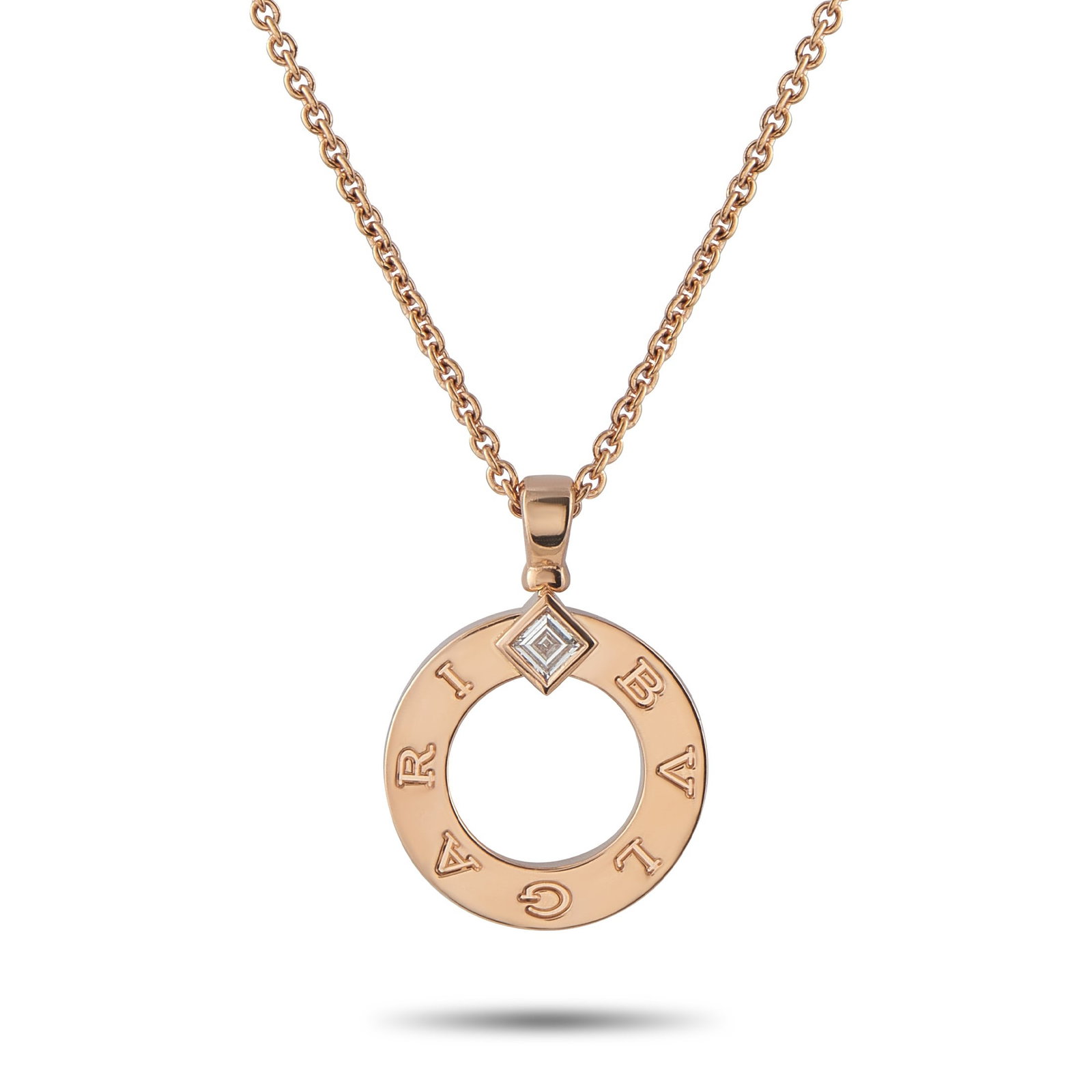 Bvlgari 18K Rose Gold Diamond Pendant Necklace: On this Bvlgari Bvlgari necklace, the collection's trademark logo evokes the curved inscriptions found on ancient Roman coins. A piece that beautifully blends the past and present, a single carr Diamo