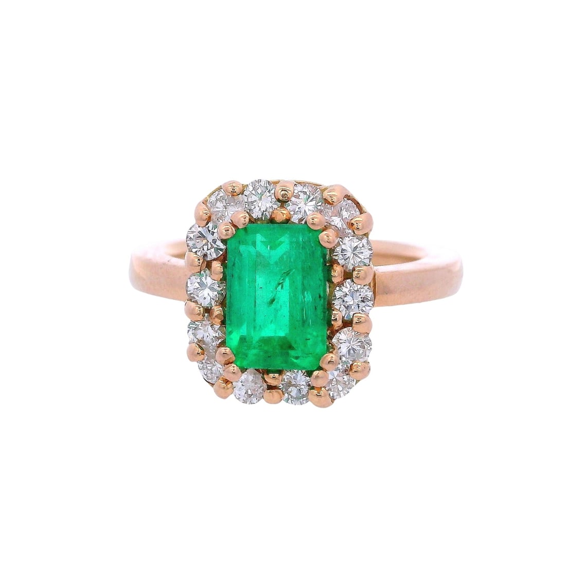 18kt yellow Gold Cluster Ring with 1.85 Cts Emerald & Diamonds: Cluster Ring crafted in 18k yellow Gold, featuring a center vivid emerald cut Emerald of 1.85 carats. Surrounded by 14 Round cut Diamonds weighing together Approx. 0.55 carats. H color, VS-SI clarity.