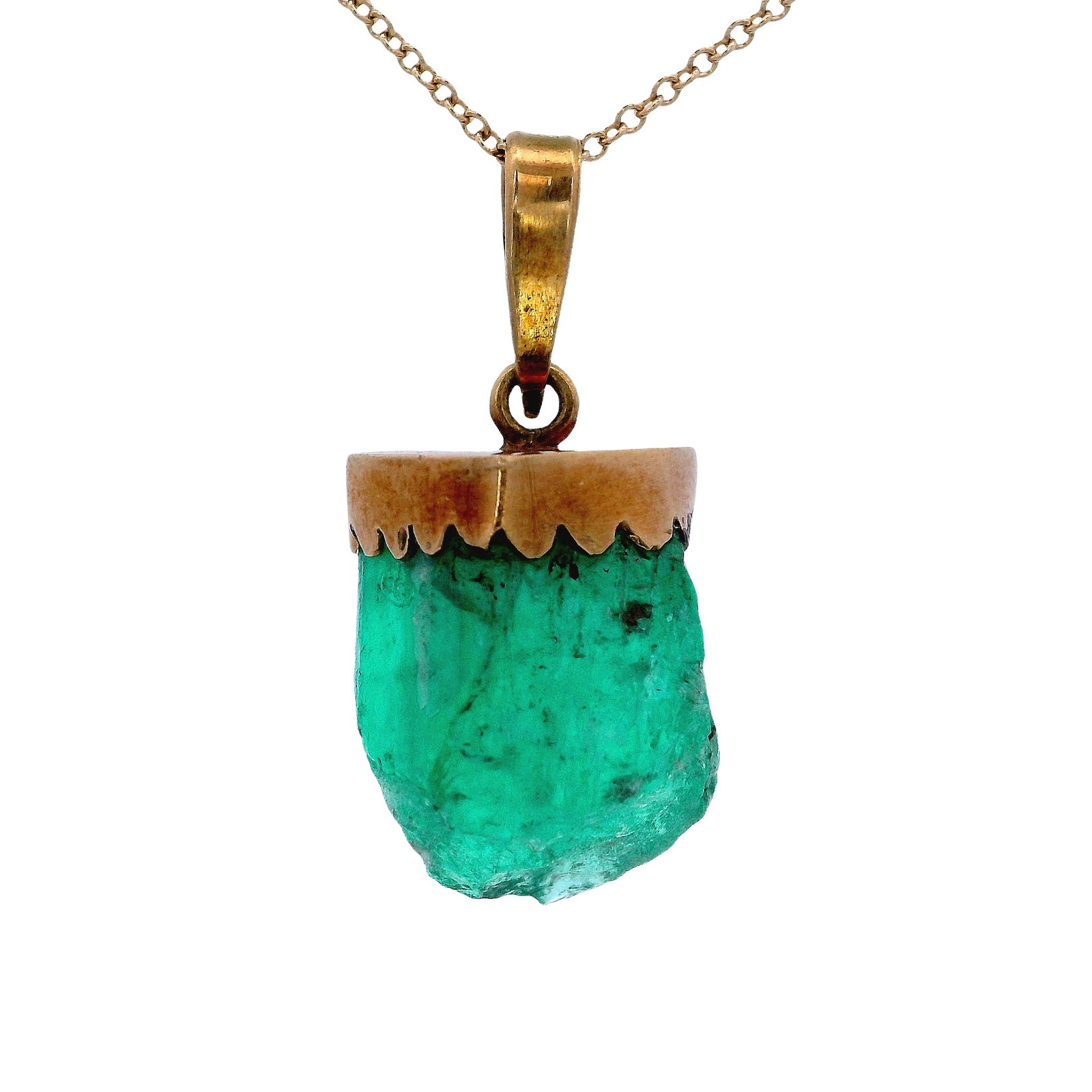 18K Yellow Gold Pendant with 15.00 CTW Raw Natural Emerald: Crafted in 18K yellow gold, this distinctive pendant showcases a raw, natural emerald “bowl” weighing approximately 15.00 carats, celebrated for its vivid green color and organic, uncut ch