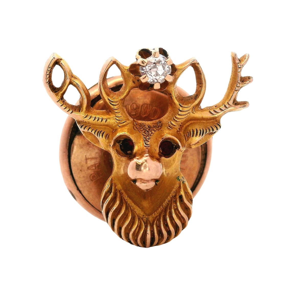 Antique 1890 Gus Fox & Co. 18K Yellow Gold Deer Lapel Button with 0.05 CTW Diamond: Antique 1890 lapel button by Gus Fox & Co., crafted in 18K yellow gold and designed as a finely detailed deer head motif, highlighted with an approximately 0.05-carat round-cut diamond in G–H co