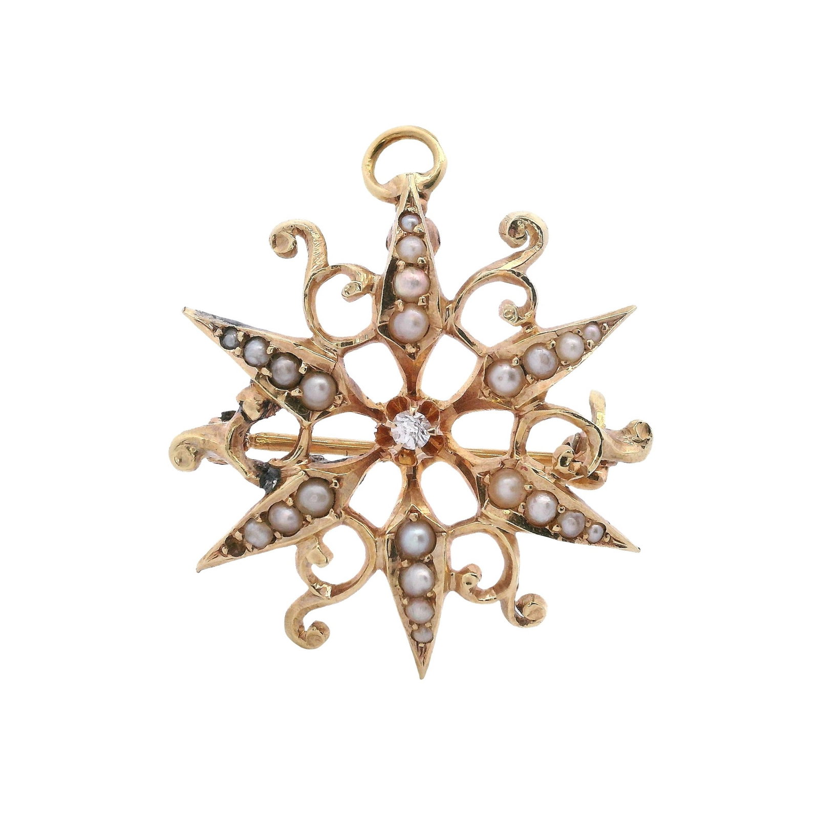 Victorian 14K Yellow Gold Starbury Pin Brooch/Pendant with Seed Pearls (1 of 8)