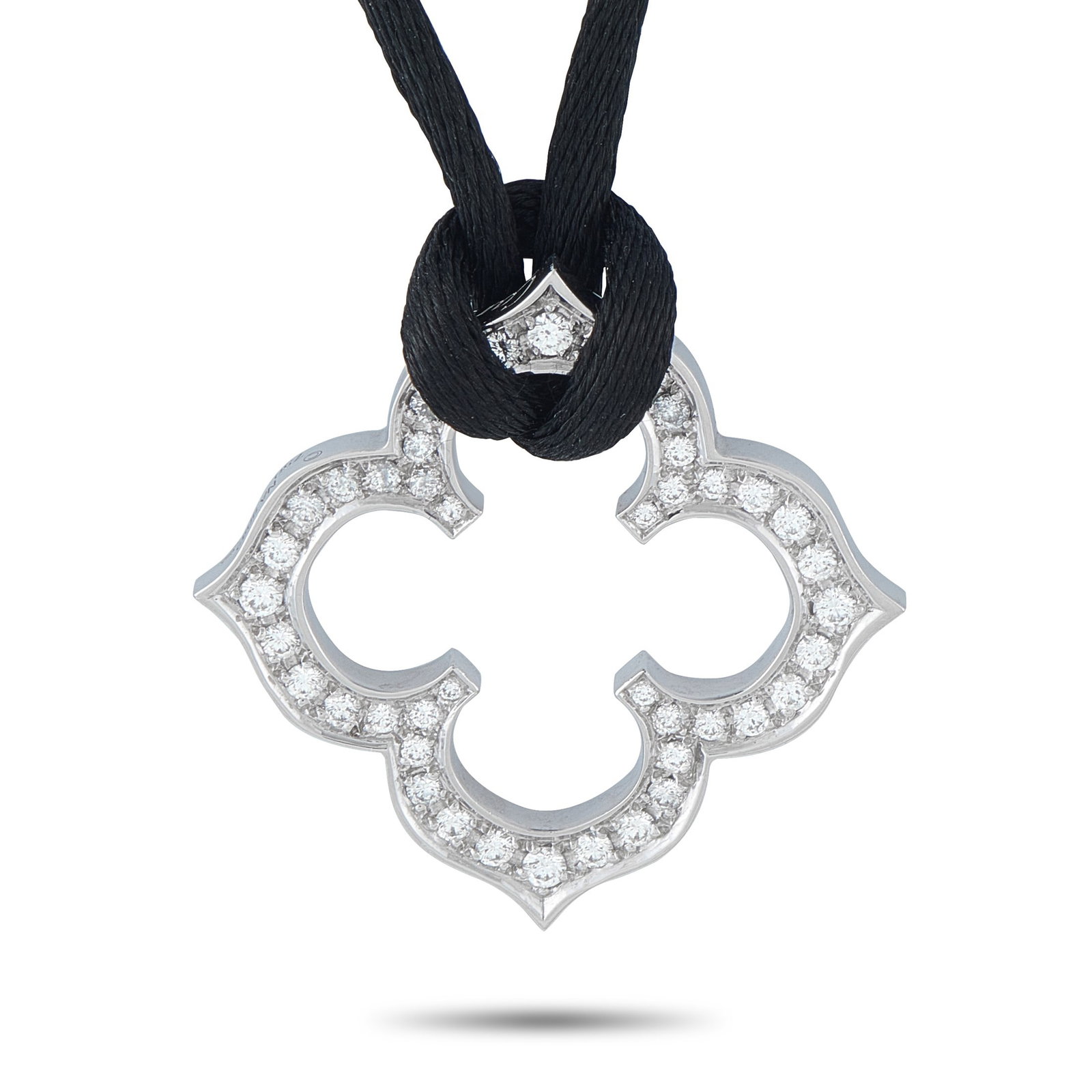 Cartier Quatrefoil 18K White Gold Diamond Pendant Necklace: This Cartier Quatrefoil necklace is beautifully balanced. The 18K White Gold pendant measures 1.19 round and comes to life thanks to sparkling inset Diamonds. A 20 black cord allows you to dress it up