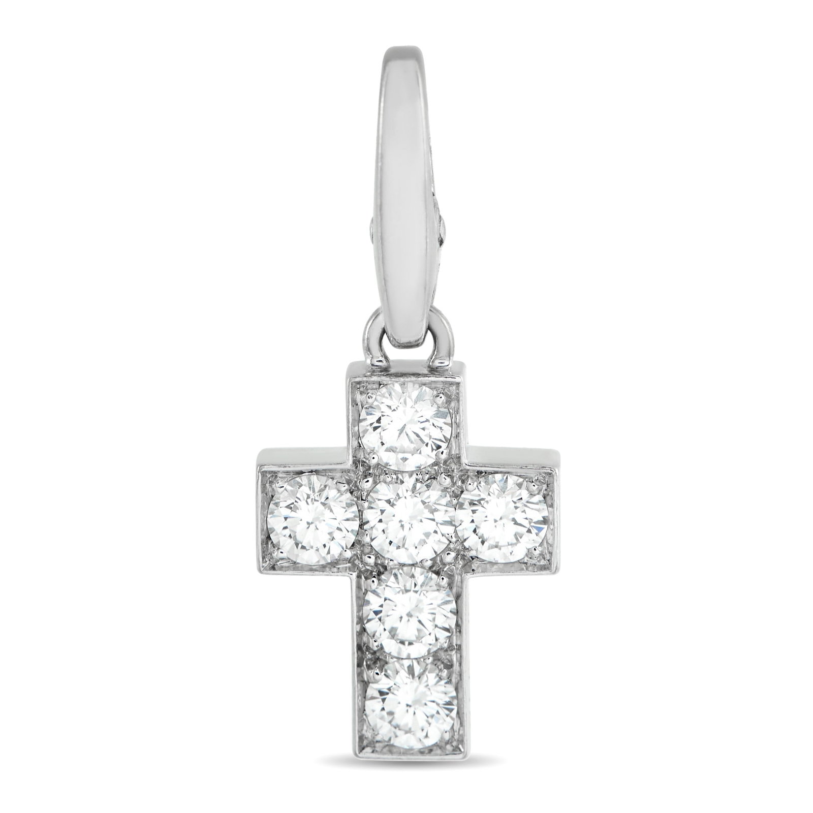 Cartier 18K White Gold Cross 0.90ct Diamond Pendant: With a classic cross shape, this Cartier pendant offers a stylish symbol of your faith. Set in 18K White Gold, the timeless design is elevated by Diamonds with a total weight of 0.90 carats. It measur