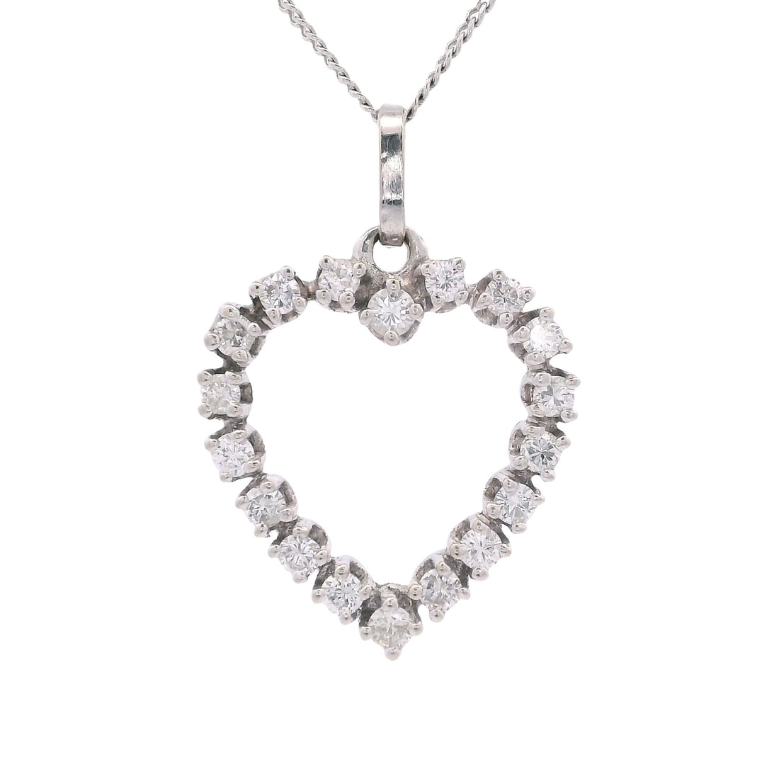 14K White Gold Heart Pendant Necklace with 0.60 CTW in Diamonds: Sweet, classic, and effortlessly wearable, this 14K white gold pendant necklace features a polished heart pendant accented with 18 round-cut diamonds totaling approximately 0.60 carats (H–I colo