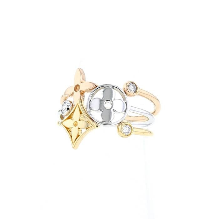 LOUIS VUITTON Monogram Idylle 18kt Gold Ring with Diamond: From Louis Vuitton’s iconic Monogram Idylle collection, this elegant ring is crafted in 18K yellow, rose, and white gold, featuring the signature LV and Monogram flower motifs in a refined, scul
