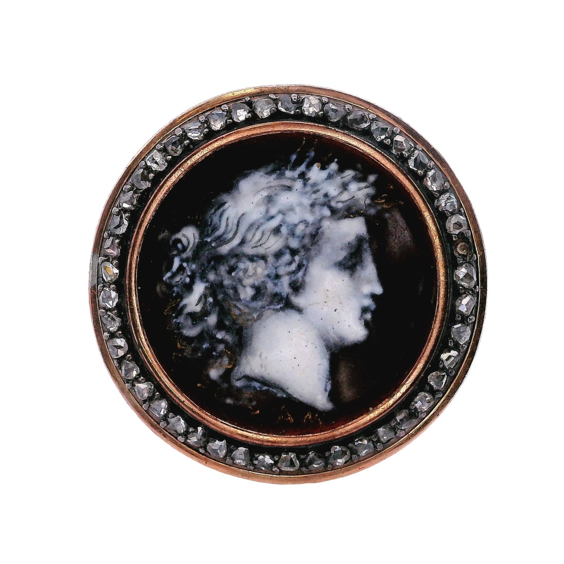 Antique 18kt Rose Gold Grisaille Enamel Portrait Brooch with Diamonds (1 of 7)