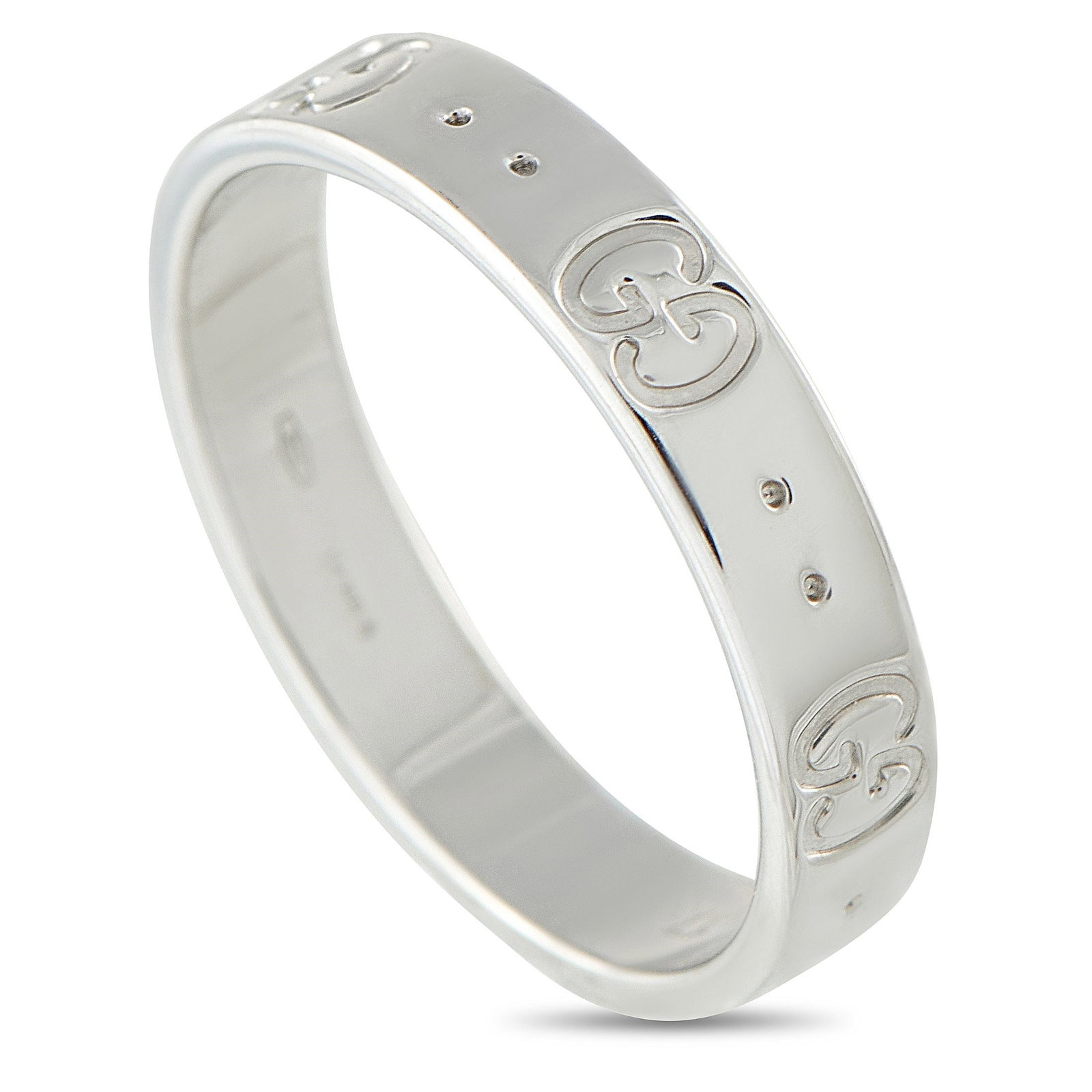 Gucci Icon 18K White Gold Ring: This Gucci Icon ring is chic and incredibly contemporary. The brands signature GG motif adds a touch of luxury to the sleek, stylish 18K White Gold band. It measures 5mm wide and features a 1mm top he