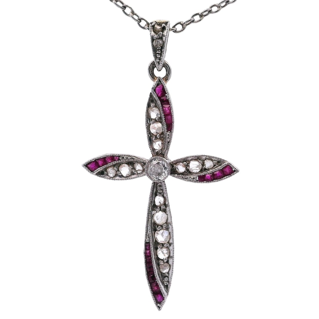Antique 18kt Gold & Platinum Cross Pendant Necklace with Diamonds & Rubies (1 of 5)
