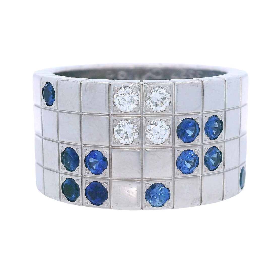 CARTIER Diamonds & Sapphires Lanieres 18kt white Gold Band Ring: Elegant Cartier Band Ring by the Lanieres collection, crafted in 18kt white Gold. Embellished with four Round cut Diamonds weighing Approx. 0.20 carats. F color, VS1 clarity. Along with 11 Round cut B