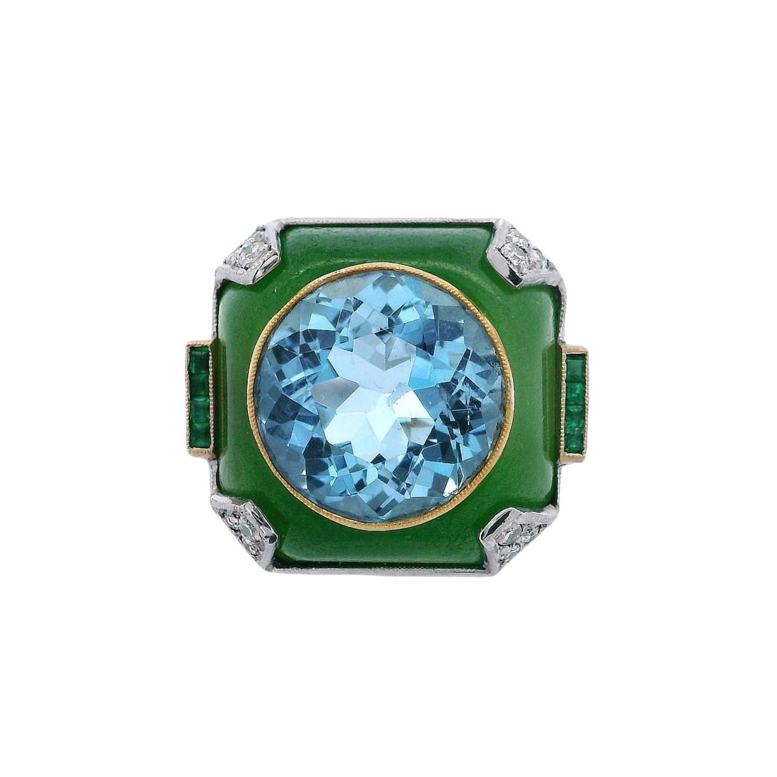 Vintage Platinum & 18K Yellow Gold Ring with 9.66 CTW in Aquamarine, Diamond & Emerald: Vintage platinum and 18K yellow gold ring showcasing a rich chrysoprase frame centered by an approximately 9.30-carat round-cut Brazilian aquamarine, prized for its luminous, ocean-blue brilliance. Th