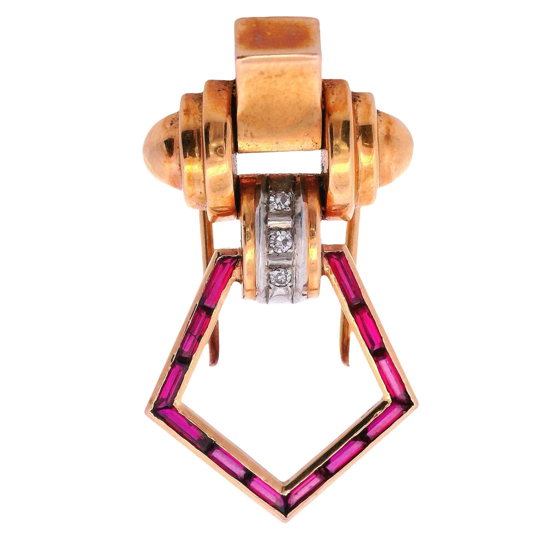 Retro 18K Yellow Gold & Platinum Pin Brooch with 1.60 CTW Rubies & Diamonds: Retro 18K yellow gold pin brooch with platinum applications, expertly set with 12 calibrated baguette-cut rubies totaling approximately 1.60 CTW for a vivid, linear sweep of color, and accented by thr