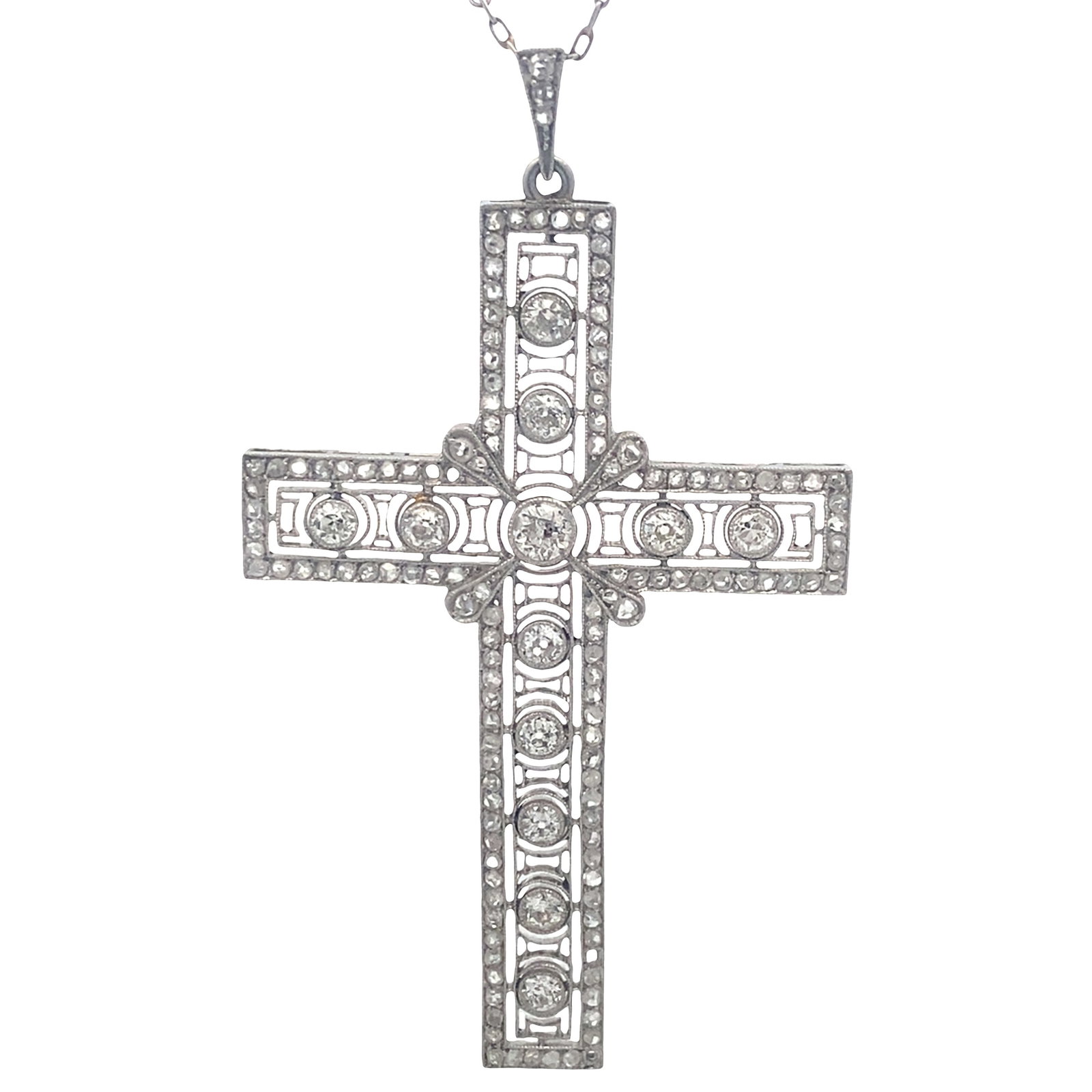 Art Deco Platinum Filigree Cross Pendant Necklace with 1.80 Cts in Diamonds (1 of 12)