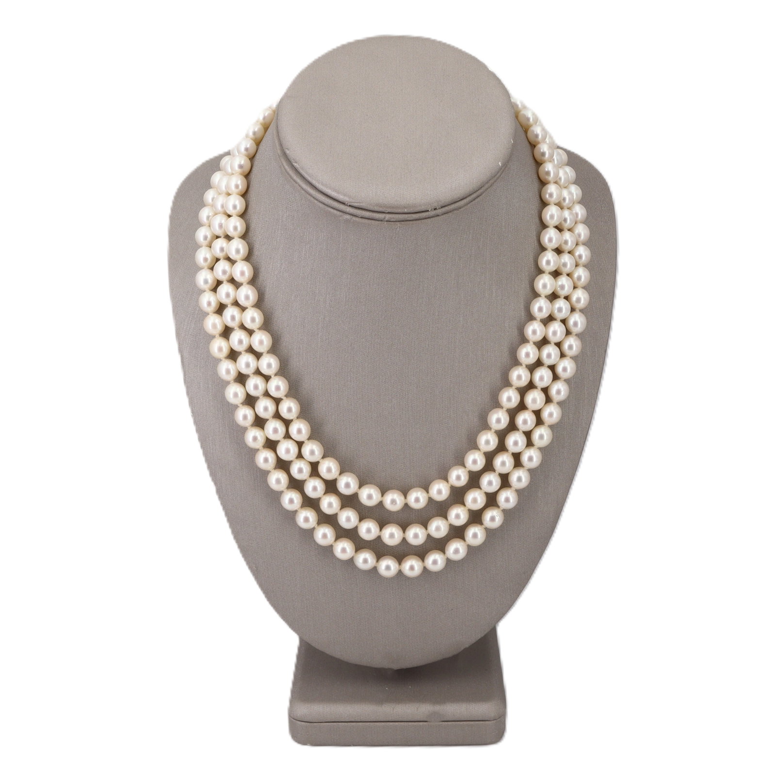 Retro 18K White Gold South Sea Pearl Necklace with 1.95 CTW in Emerald & Diamond: A spectacular Retro statement, this elegant three-strand necklace features luminous round white South Sea pearls measuring approximately 7.25 mm each, graduating into a bold 18K white gold clasp that 