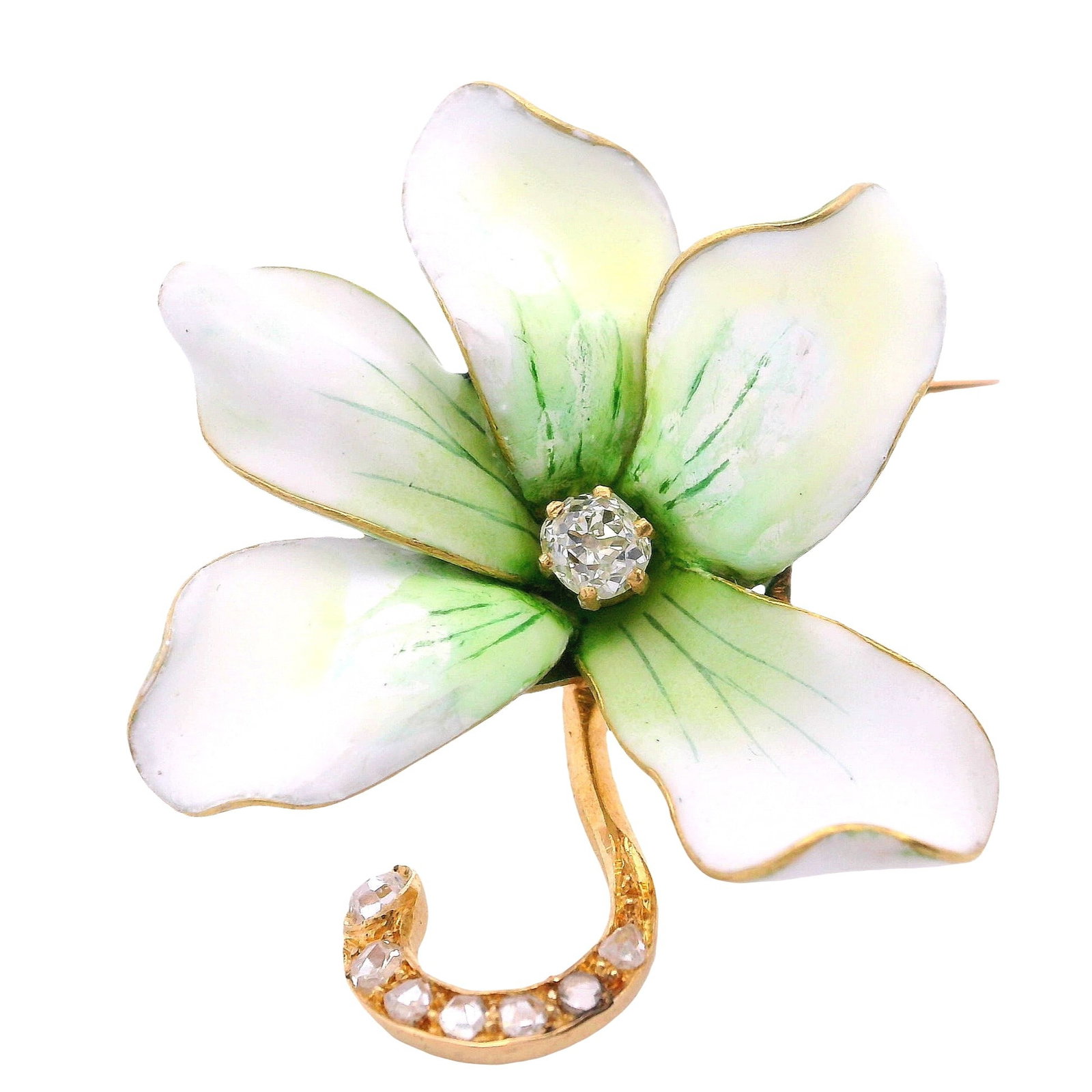 French Art Nouveau 18K Yellow Gold Enamel Flower Brooch with 0.20 CTW Diamonds (1 of 5)