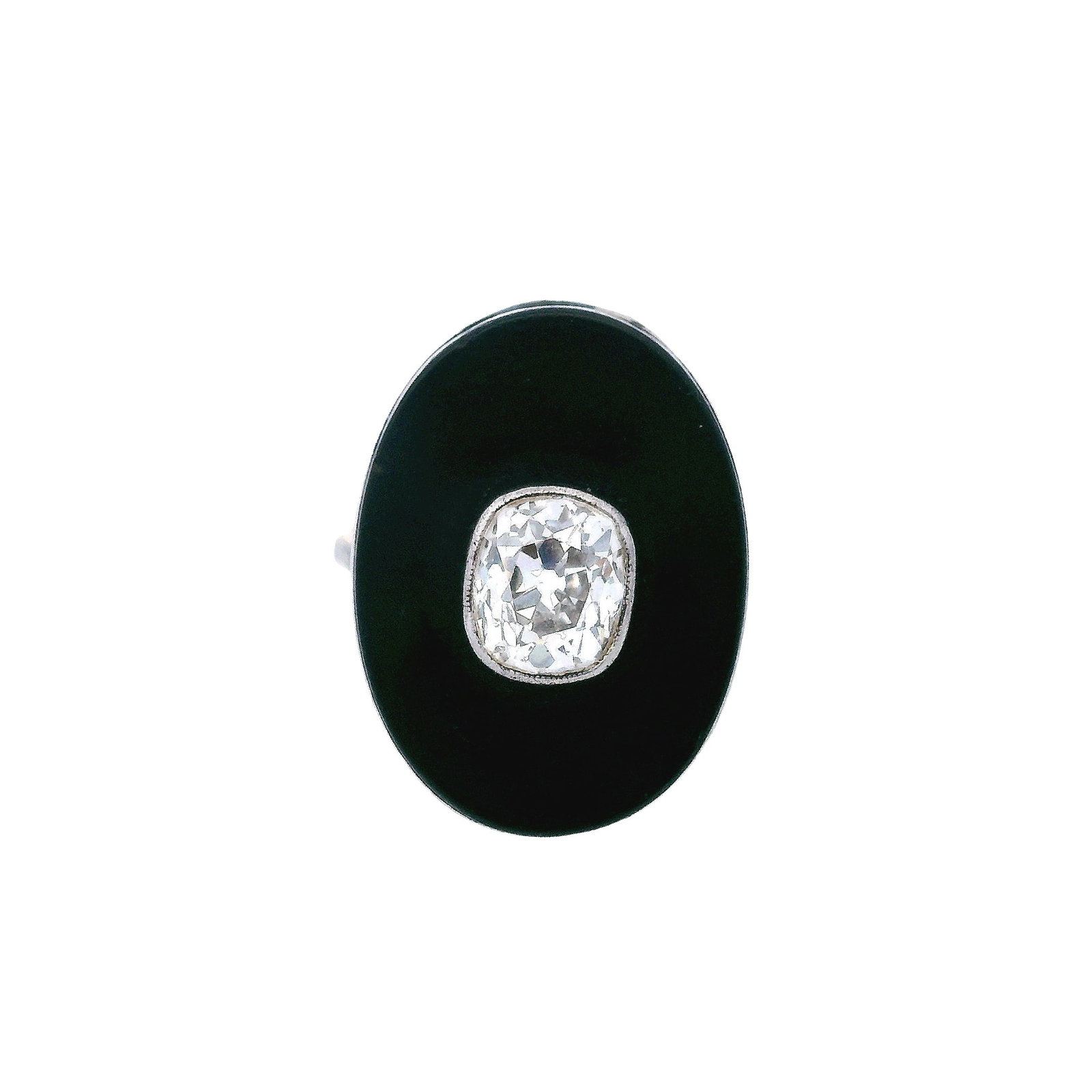 Antique 18kt Gold & Platinum with 1.25 Cts Diamond & Onyx: Circa 1910s. Antique Plaque Ring crafted form 18kt yellow Gold & Platinum. Set with a Polished piece of Onyx. Accented with a center a center Old mine Diamond of Approx 1.25 carats. J color, SI1-2 cla