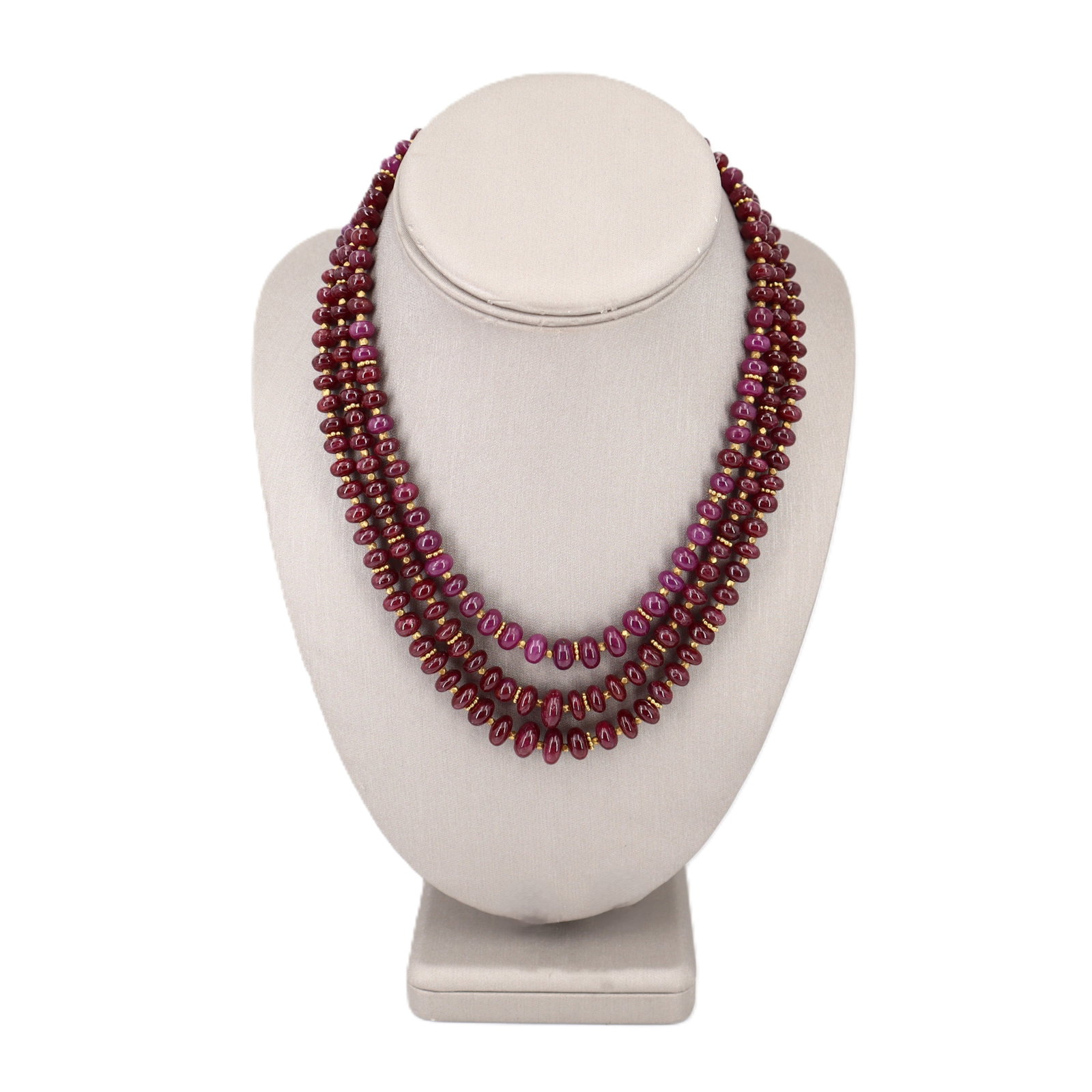 18K Yellow Gold Three-Row Ruby Bead Necklace (1 of 10)