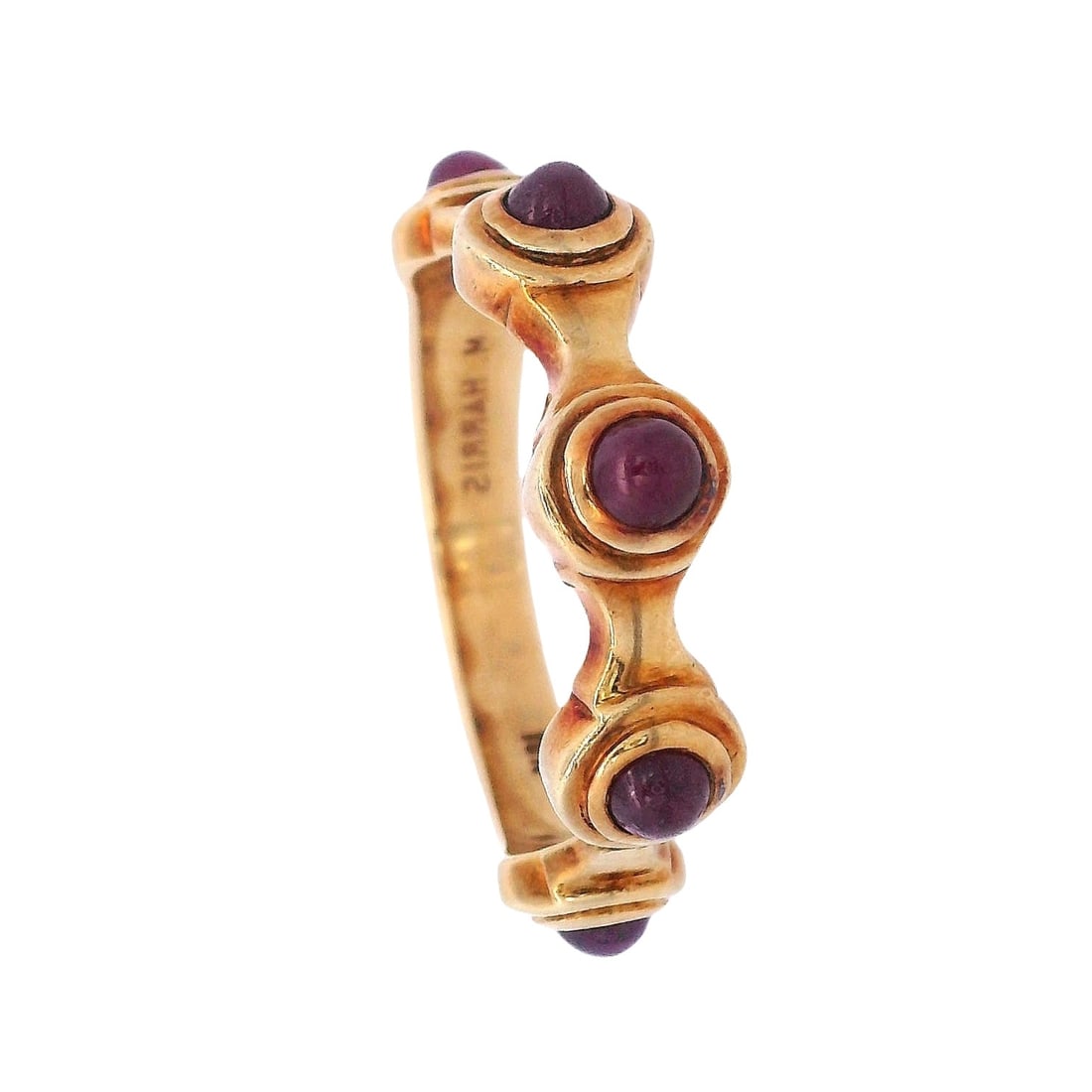 M. HARRIS 18kt yellow Gold Ring with 1.25 CTW in Ruby: M. HARRIS 18kt yellow Gold Ring featuring five cabochon Rubies totaling approximately 1.25 CTW, set in a sleek, sculptural design that emphasizes the rich, saturated color and smooth dome finish of ea