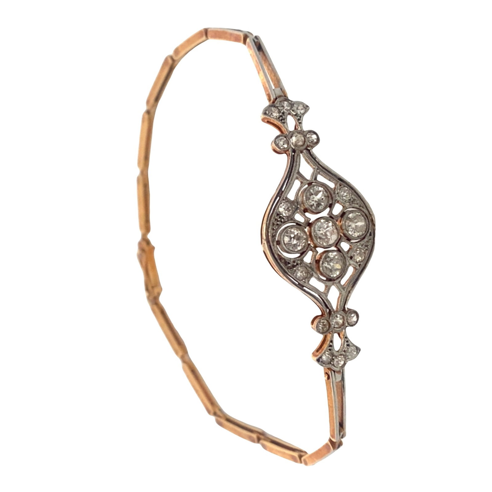 Antique 18kt yellow Gold and Platinum Bracelet with 1.50 Cts in Diamonds: Antique Filigree Bracelet crafted form 18kt yellow Gold and Platinum on top, accented with five center Old mine cut Diamonds weighing Approx 1.00 carats. H color, SI1-2 clarity. Along with 16 Old mine
