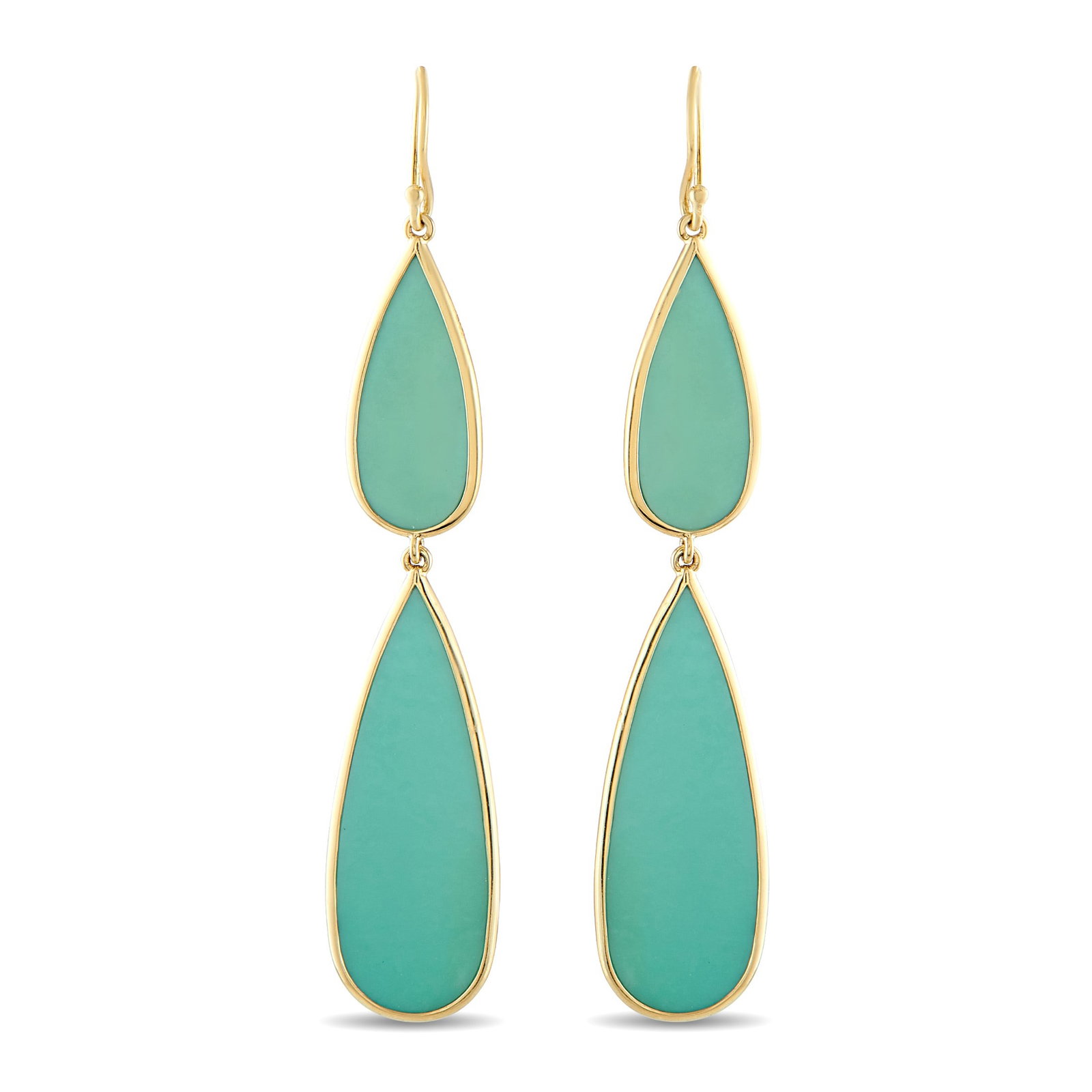 Ippolita 18K Yellow Gold Turquoise Earrings: These Ippolita earrings are ideal for anyone with a minimalist aesthetic. Featuring Turquoise stones at the center, the fluid design features clean lines and a classic sense of sophistication. Each ea