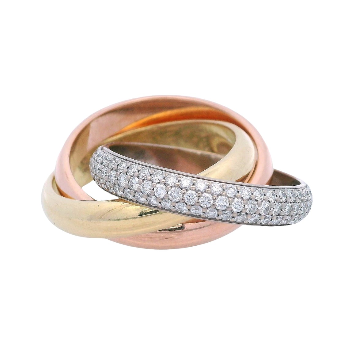 CARTIER Classic Paved Diamond Trinity Ring: Classic Cartier Trinity ring—one of the house’s most iconic designs—crafted in rose, yellow, and white gold, a timeless three-color composition often associated with love, fidelity, 