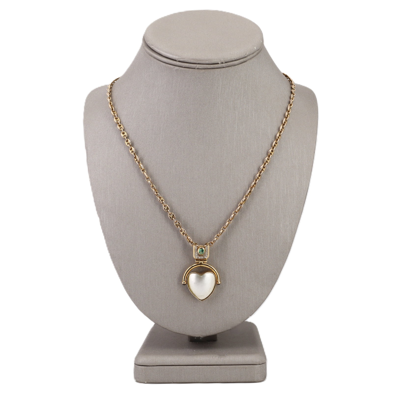 14K Yellow Gold Pendant Necklace with Mother-of-Pearl, Emerald & Diamonds: Chic and timeless, this 14K yellow gold pendant necklace features a polished heart motif set with luminous heart-shaped mother-of-pearl, suspended from a bold 14K mariner-link chain for a luxe, modern