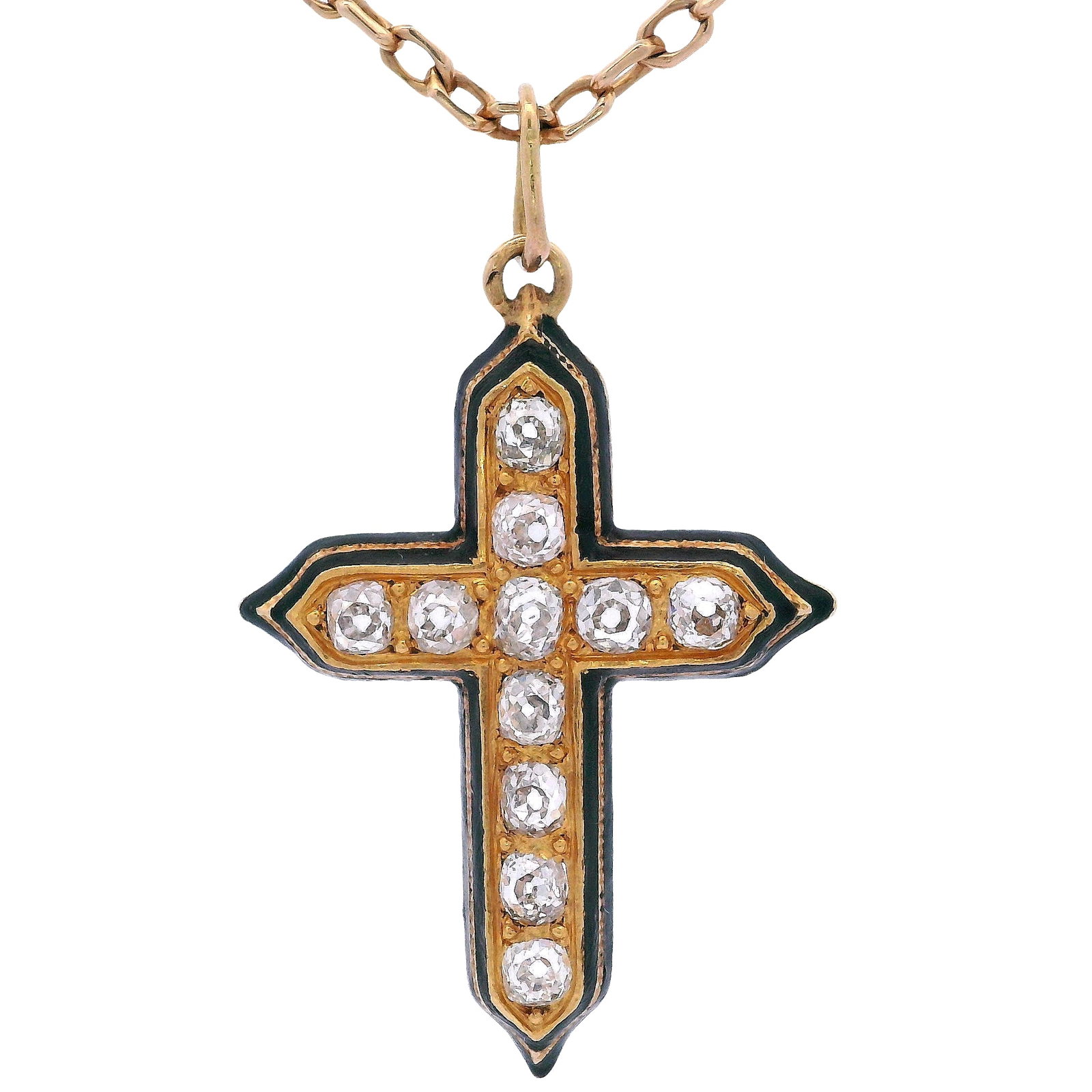 FRENCH Antique 18kt yellow Gold Enamel Cross Pendant with 1.06 carats in Diamonds: Antique Pendant Cross, circa 1900, weighing 3.5 grams, is crafted in 18kt yellow gold and features eleven old mine-cut diamonds totaling approximately 1.06 carats, H-J color, VS2-SI1 clarity. This exq