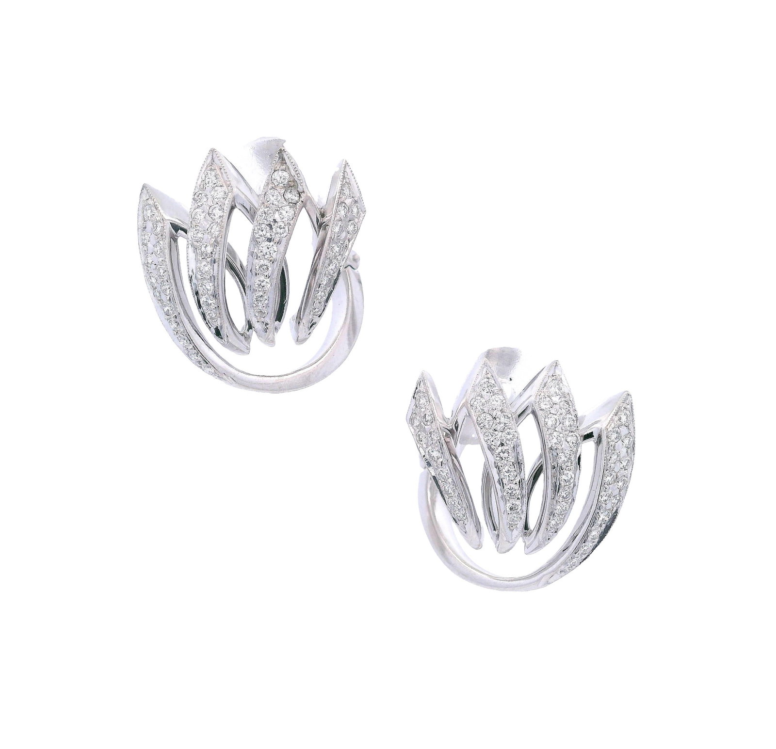 Vintage 18K White Gold Earrings with 0.80 CTW Diamonds: Vintage 18K white gold earrings accented with approximately 0.80 CTW of round-cut diamonds, presenting bright F–G color and clean VS2 clarity for crisp, high-reflection sparkle. Measuring 0.77 x