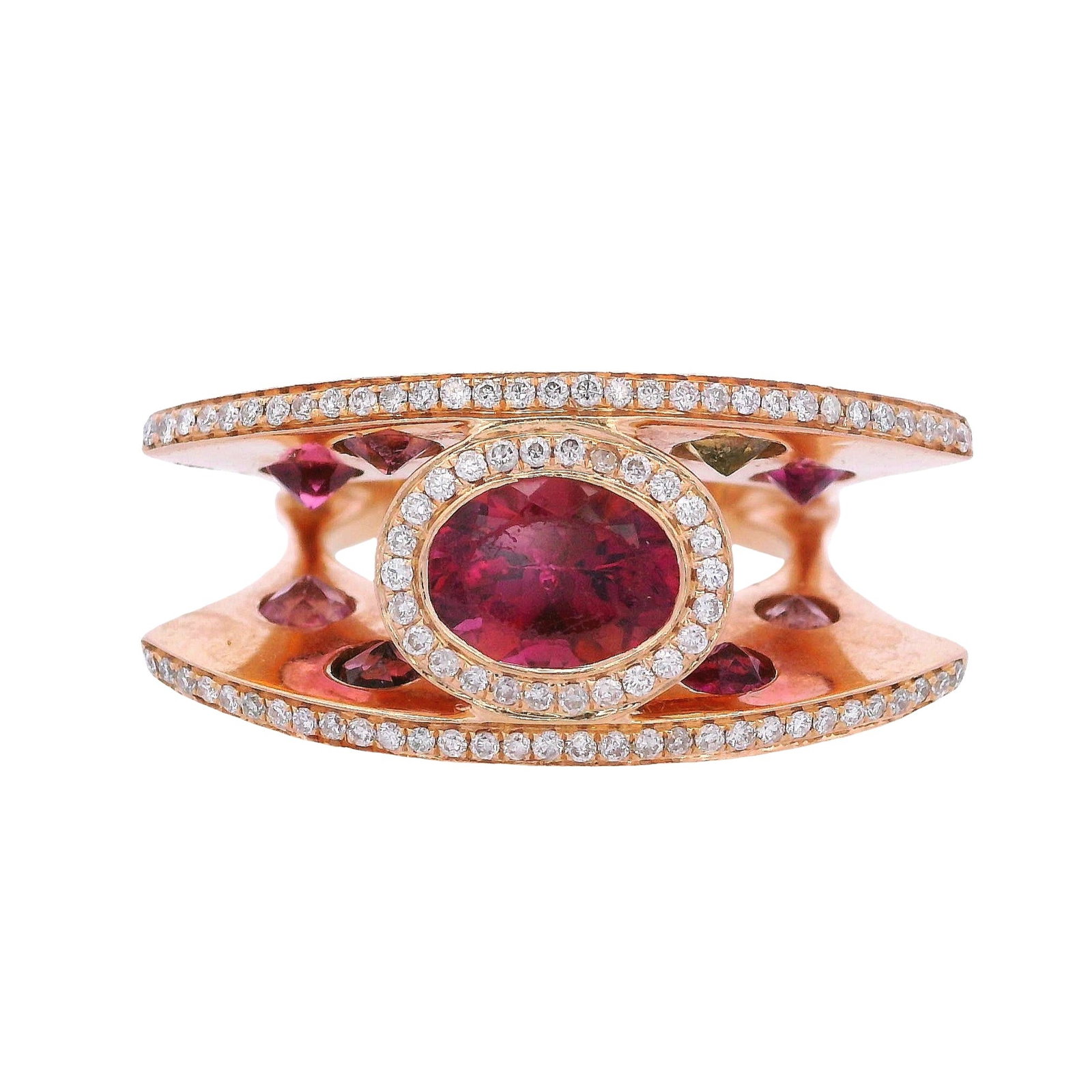 18K Rose Gold Design Ring with 4.31 CTW in Tourmaline & Diamond: Crafted in rich 18K rose gold, this striking design ring showcases a vivid oval-cut pink tourmaline weighing 1.43 carats, framed by 10 round-cut pink and green tourmalines totaling 2.51 carats for sat