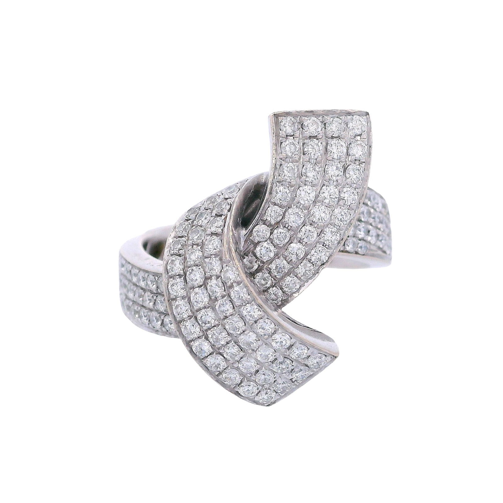 18K White Gold Knot Ring with 1.25 CTW Diamonds: Bold and beautifully sculpted in 18K white gold, this knot ring features a shimmering pavé of round-cut diamonds totaling approximately 1.25 CTW in bright G–H color, delivering intense spar