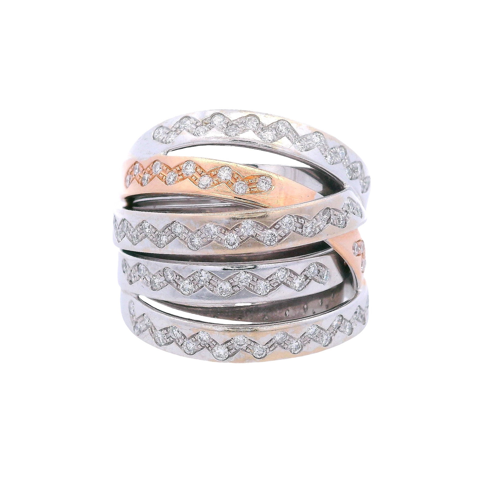 Bold 18K White & Rose Gold Ring with 1.00 CTW Diamonds: Boldly crafted in 18K white and rose gold, this substantial ring is accented with approximately 1.00 CTW of round-cut diamonds in bright H color, offering clean, eye-catching sparkle against the rich 