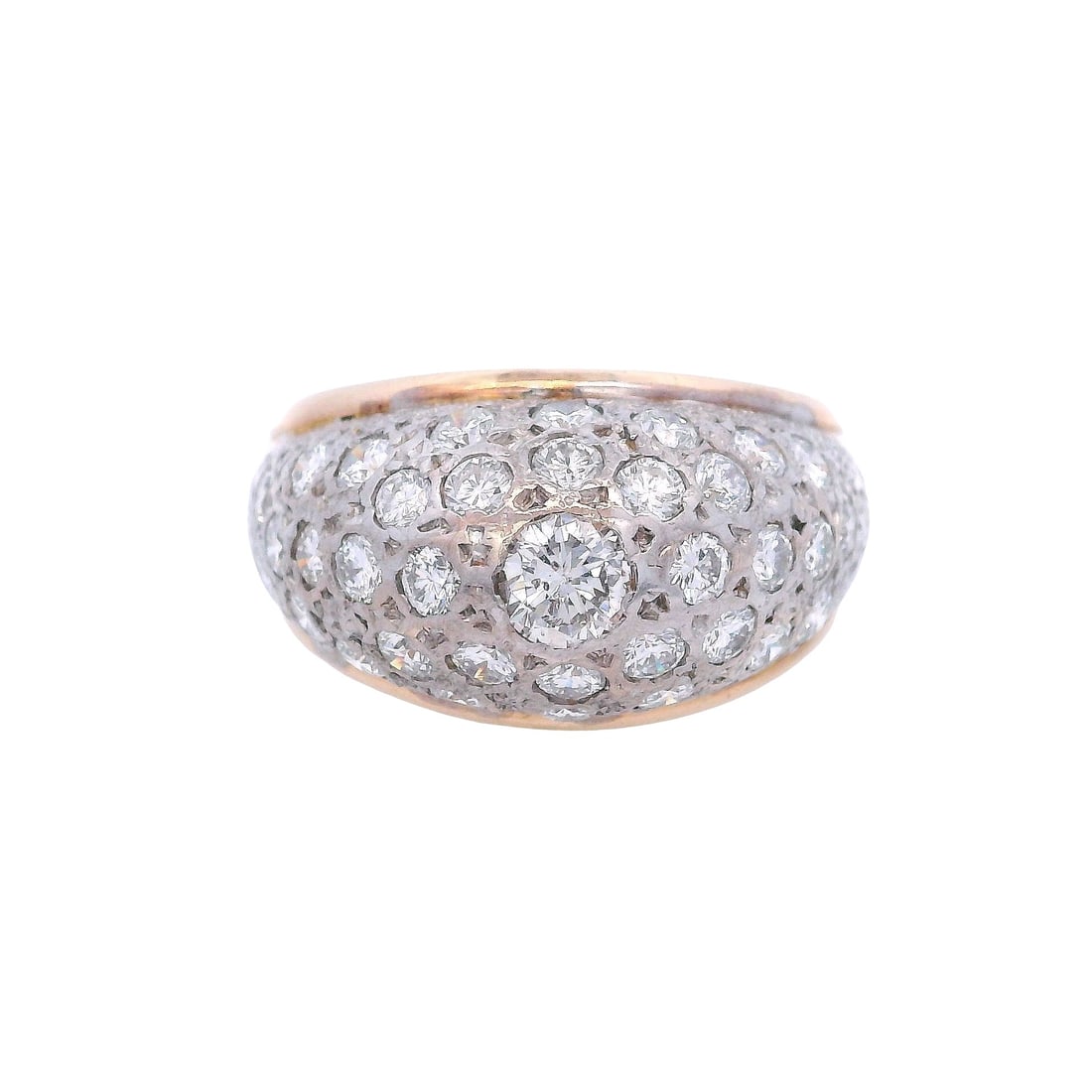 Vintage 14K Yellow & White Gold Dome Ring with 2.00 CTW Diamonds: Vintage 14K yellow and white gold dome ring set with approximately 2.00 CTW of round-cut diamonds, anchored by a center stone of about 0.30 carats in H color and SI2 clarity, surrounded by lively acce