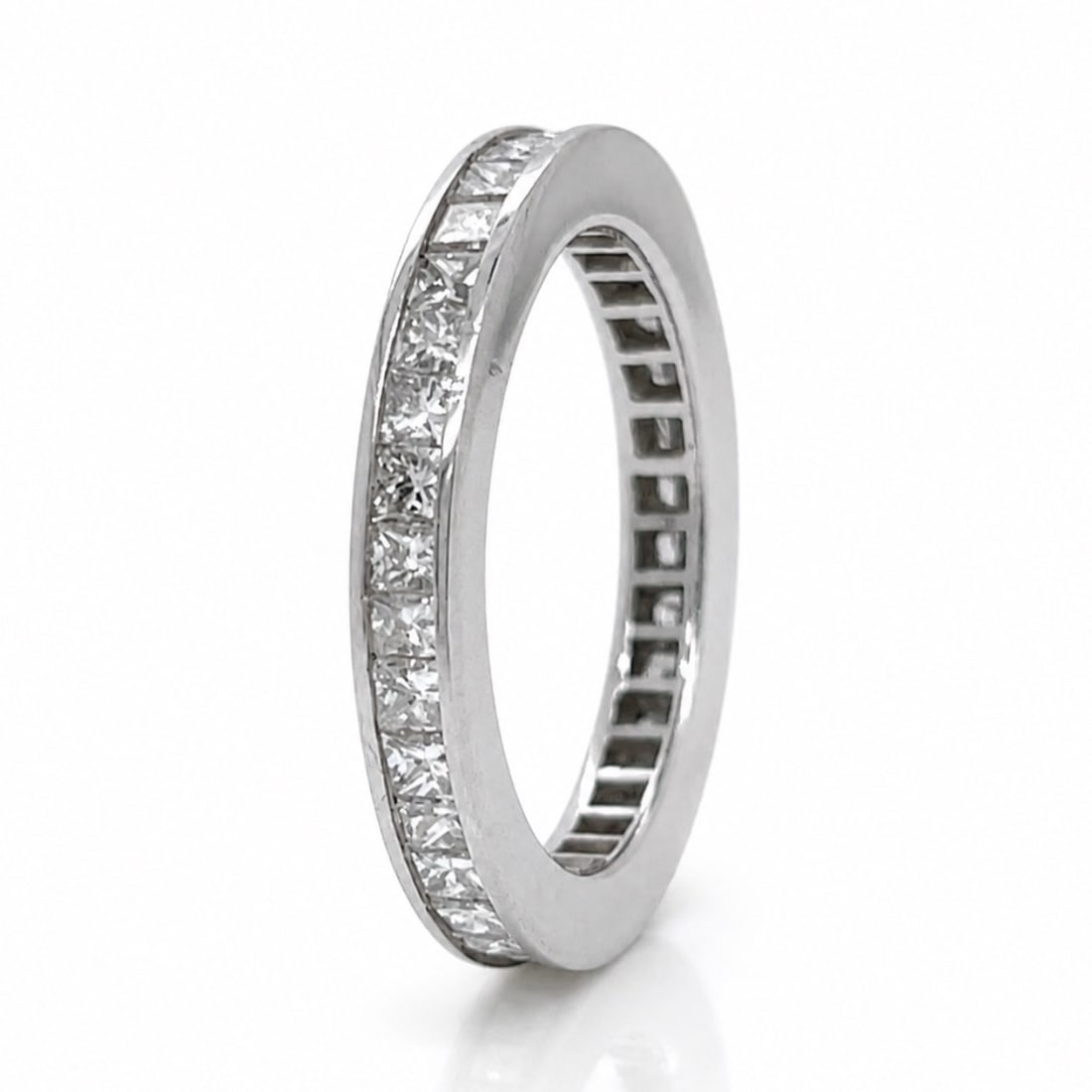 14K White Gold Eternity Band Ring with 1.95 CTW in Diamond: 14K white gold diamond eternity band set with princess-cut diamonds totaling approximately 1.95 CTW in H–I color and VS1–VS2 clarity, offering bright, continuous sparkle in a clean, timele